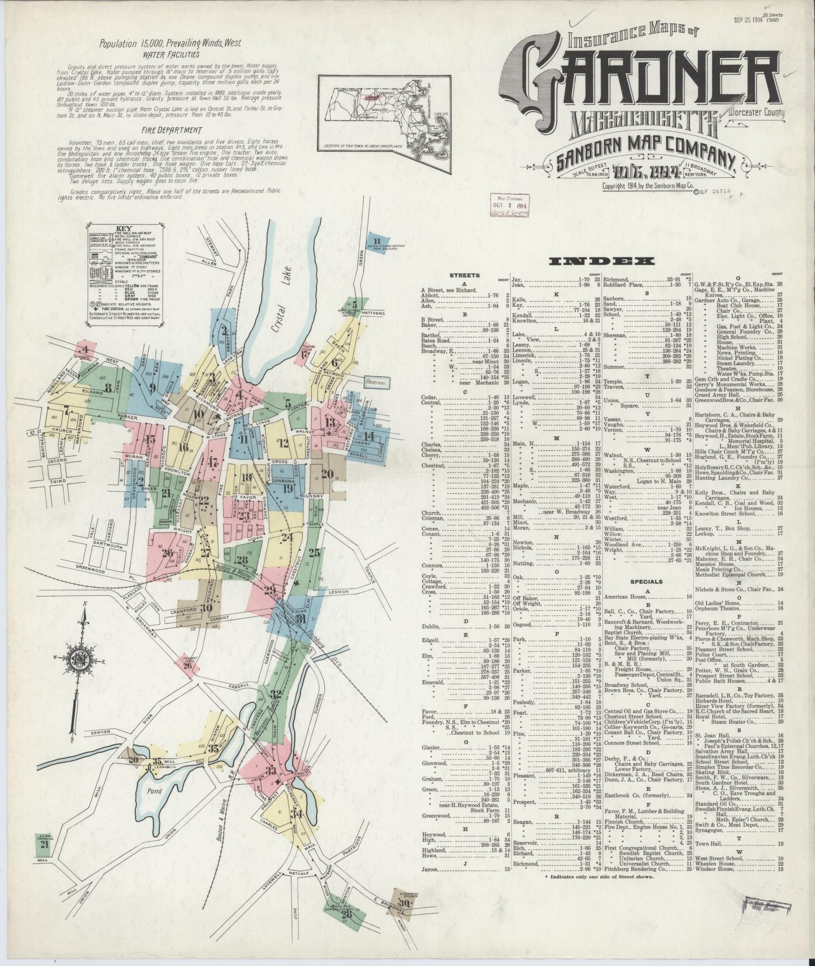 Sanborn Fire Insurance Map from Gardner, Worcester County, Massachusetts (1914), Sheet #0001 - Complete Map Set gallery image, historic Sanborn map, vintage wall art, Massachusetts Massachusetts