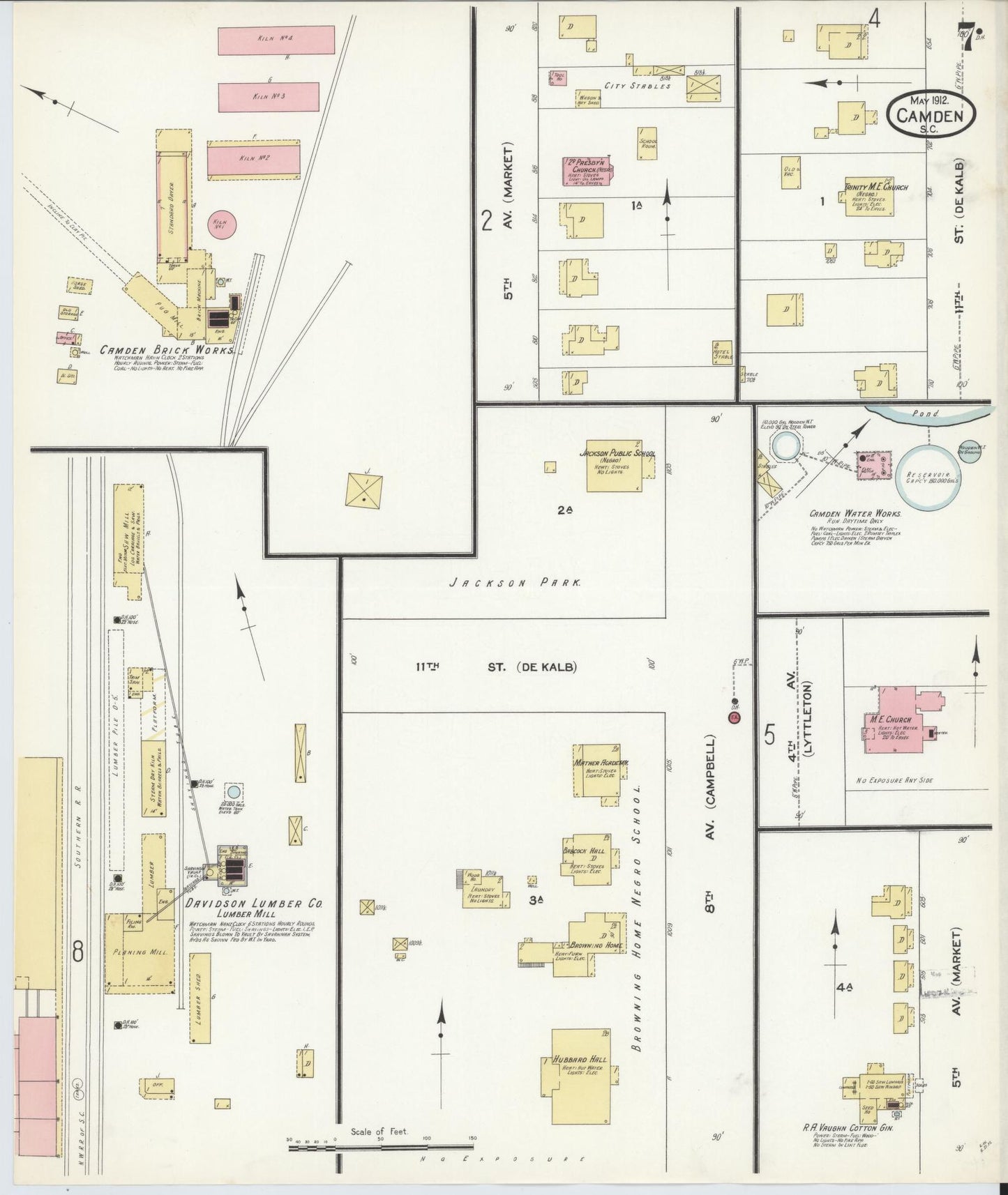 Sanborn Fire Insurance Map from Camden, Kershaw County, South Carolina (1912), Sheet #0007 - Complete Map Set gallery image, historic Sanborn map, vintage wall art, South Carolina South Carolina