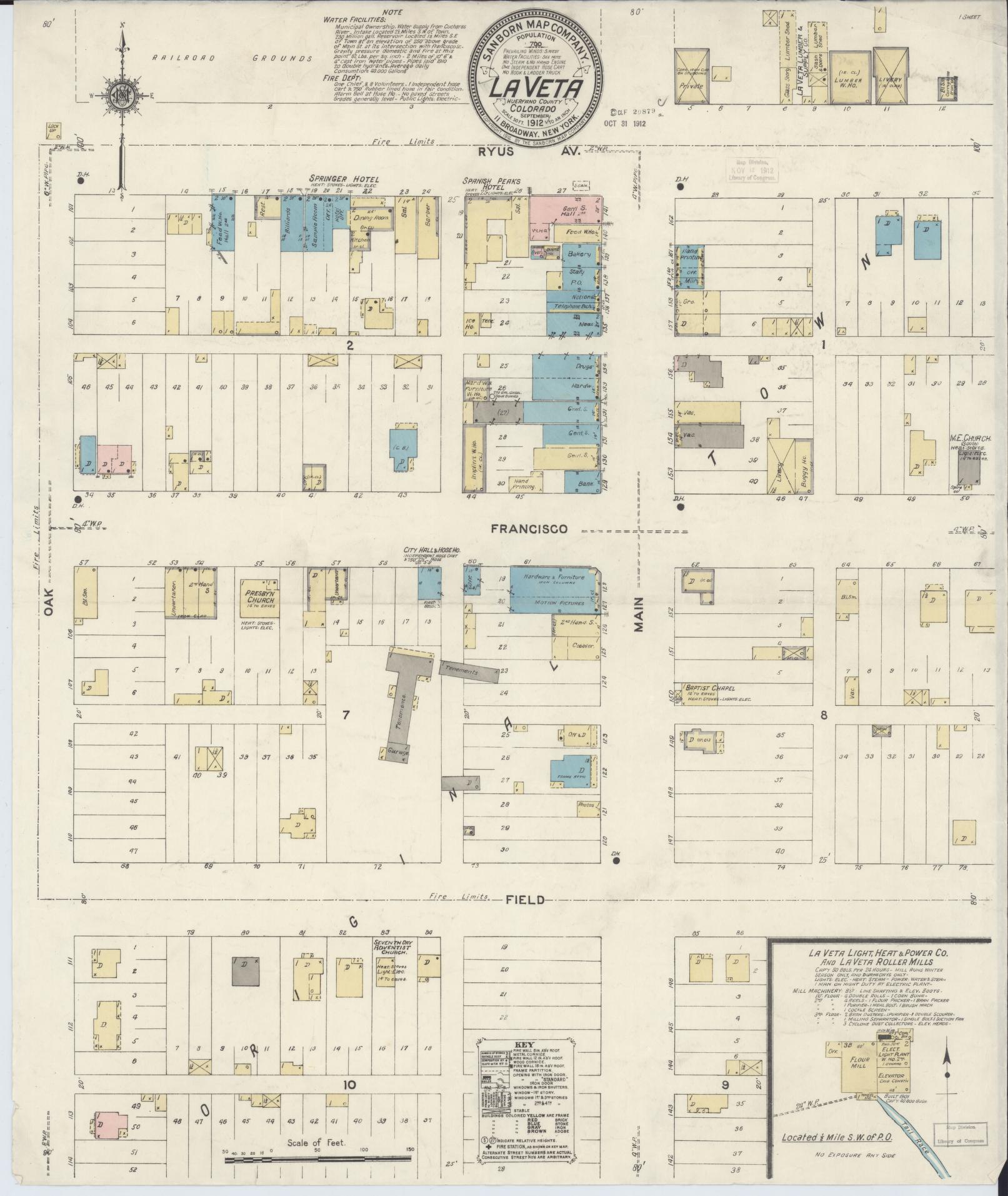 Sanborn Fire Insurance Map from La Veta, Huerfano County, Colorado (1912), Sheet #0001 - Historic Sanborn Fire Insurance Map Print, vintage old map wall art, antique decor, genealogy gift, Colorado Colorado map
