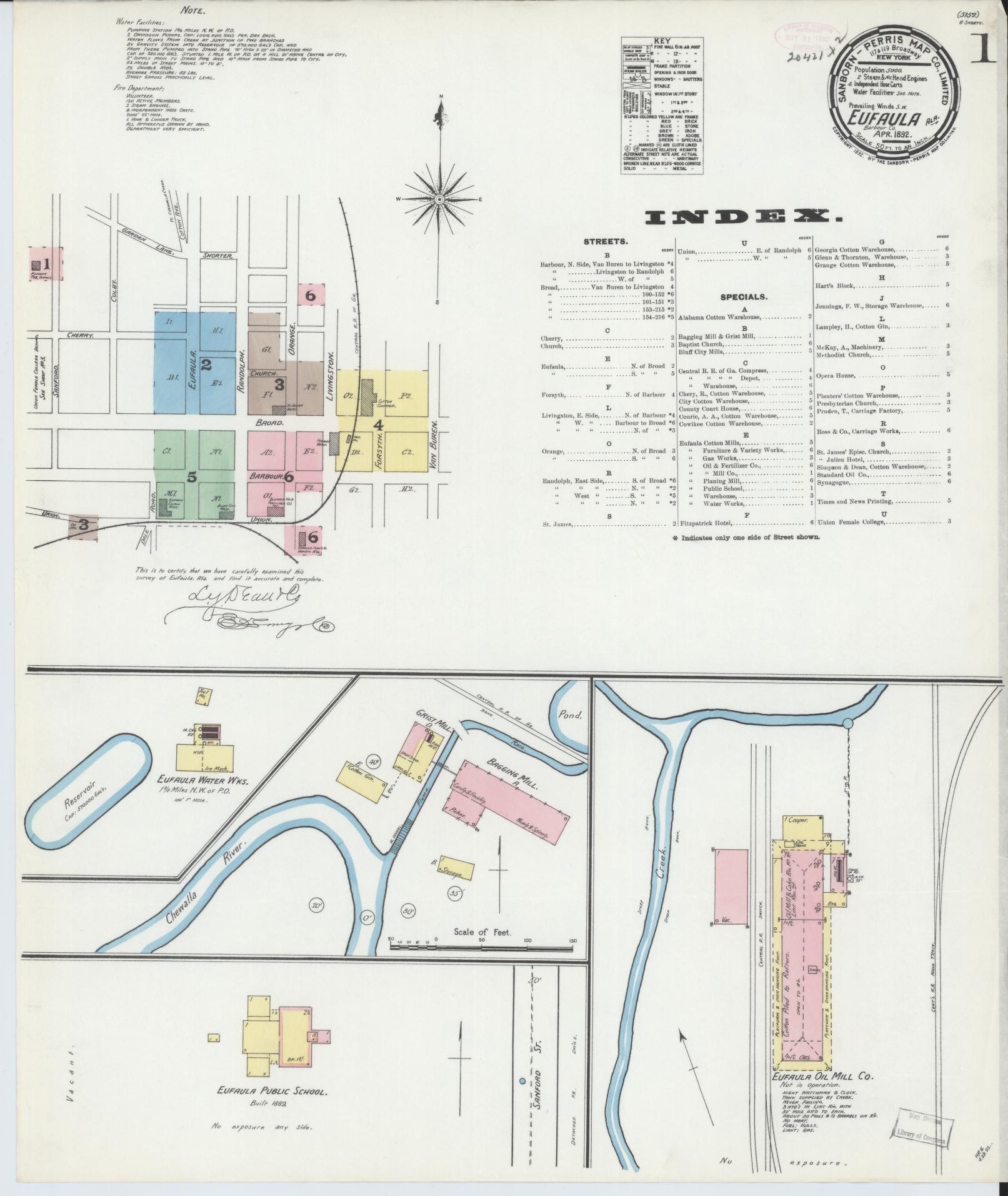 Sanborn Fire Insurance Map from Eufaula, Barbour County, Alabama (1892), Sheet #0001 - Complete Map Set gallery image, historic Sanborn map, vintage wall art, Alabama Alabama