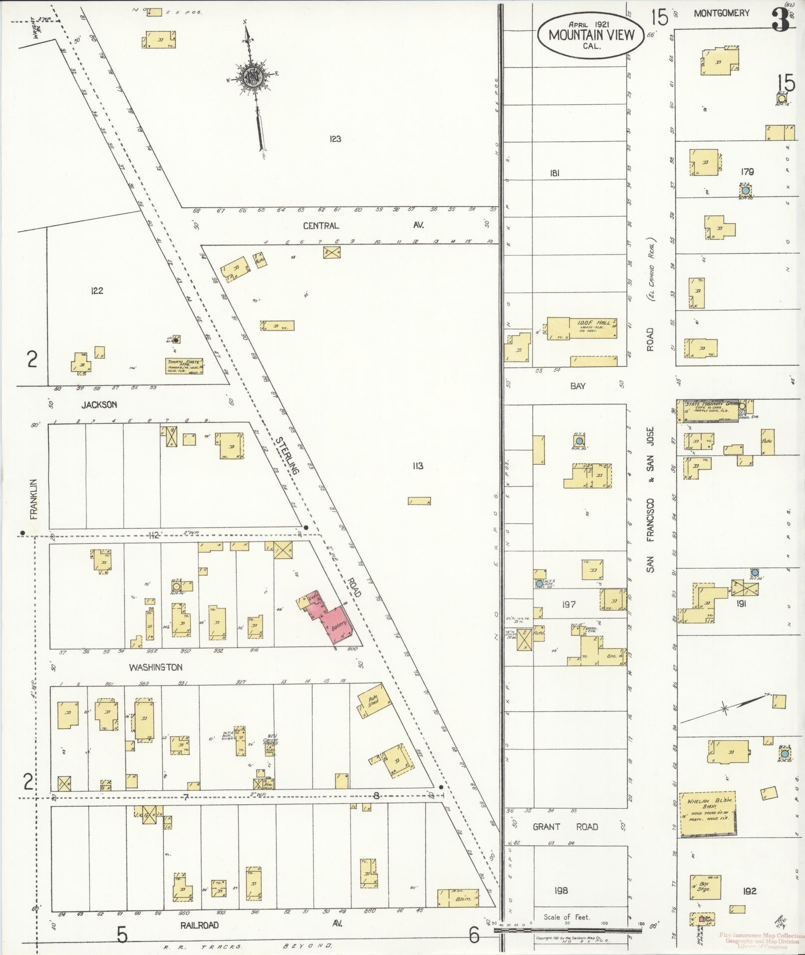 Sanborn Fire Insurance Map from Mountain View, Santa Clara County, California (1921), Sheet #0003 - Complete Map Set gallery image, historic Sanborn map, vintage wall art, California California