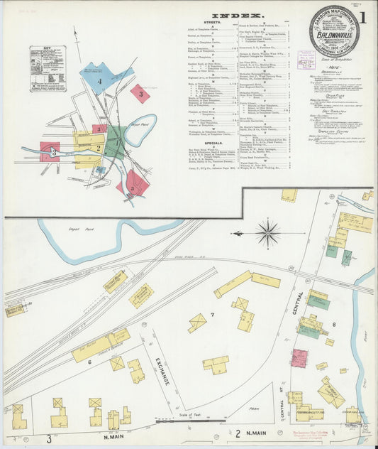 Sanborn Fire Insurance Map from Baldwinville, Worcester County, Massachusetts (1905), Sheet #0001 - Historic Sanborn Fire Insurance Map Print, vintage old map wall art, antique decor, genealogy gift, Massachusetts Massachusetts map