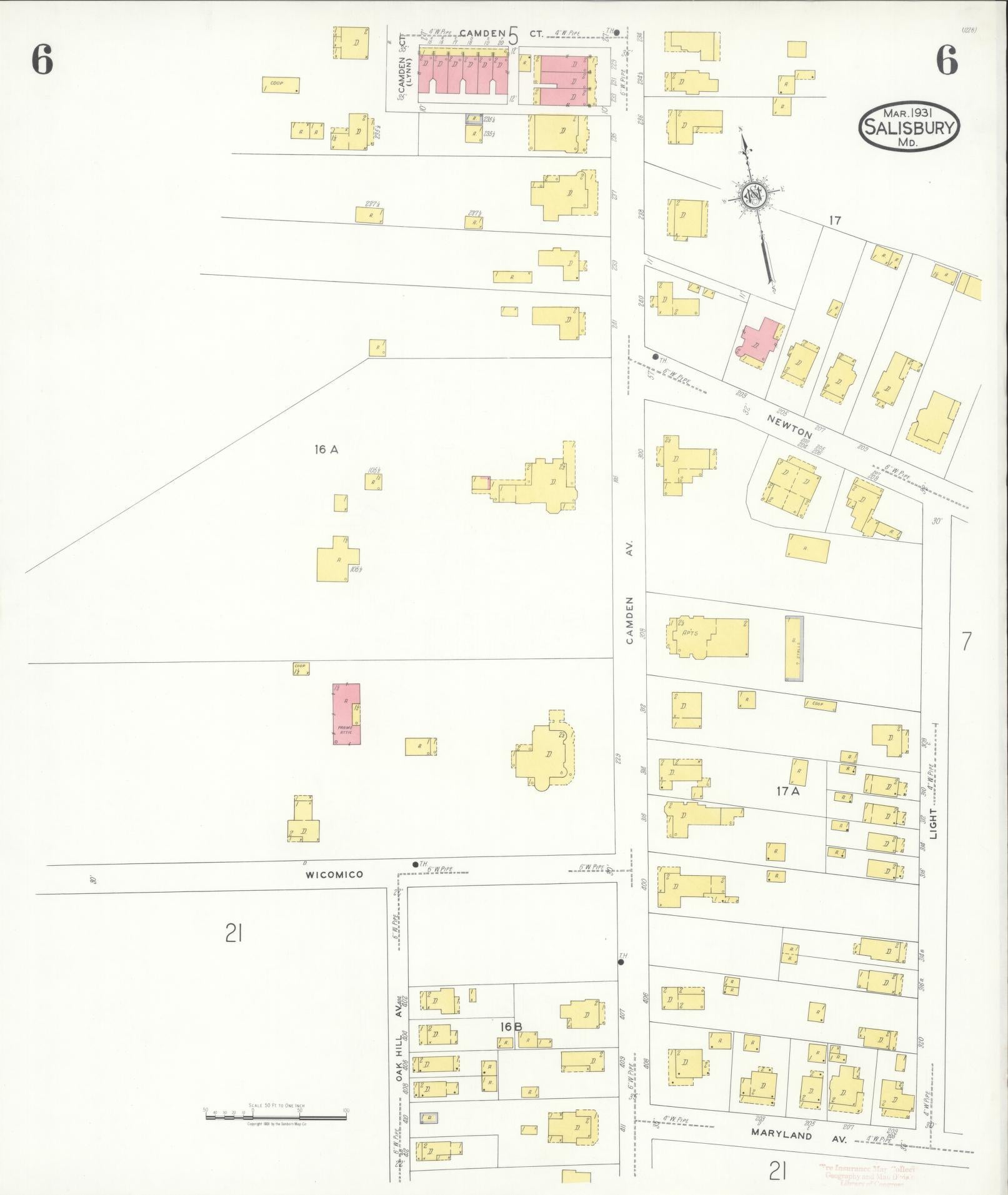 Sanborn Fire Insurance Map from Salisbury, Wicomico County, Maryland (1931), Sheet #0006 - Historic Sanborn Fire Insurance Map Print, vintage old map wall art