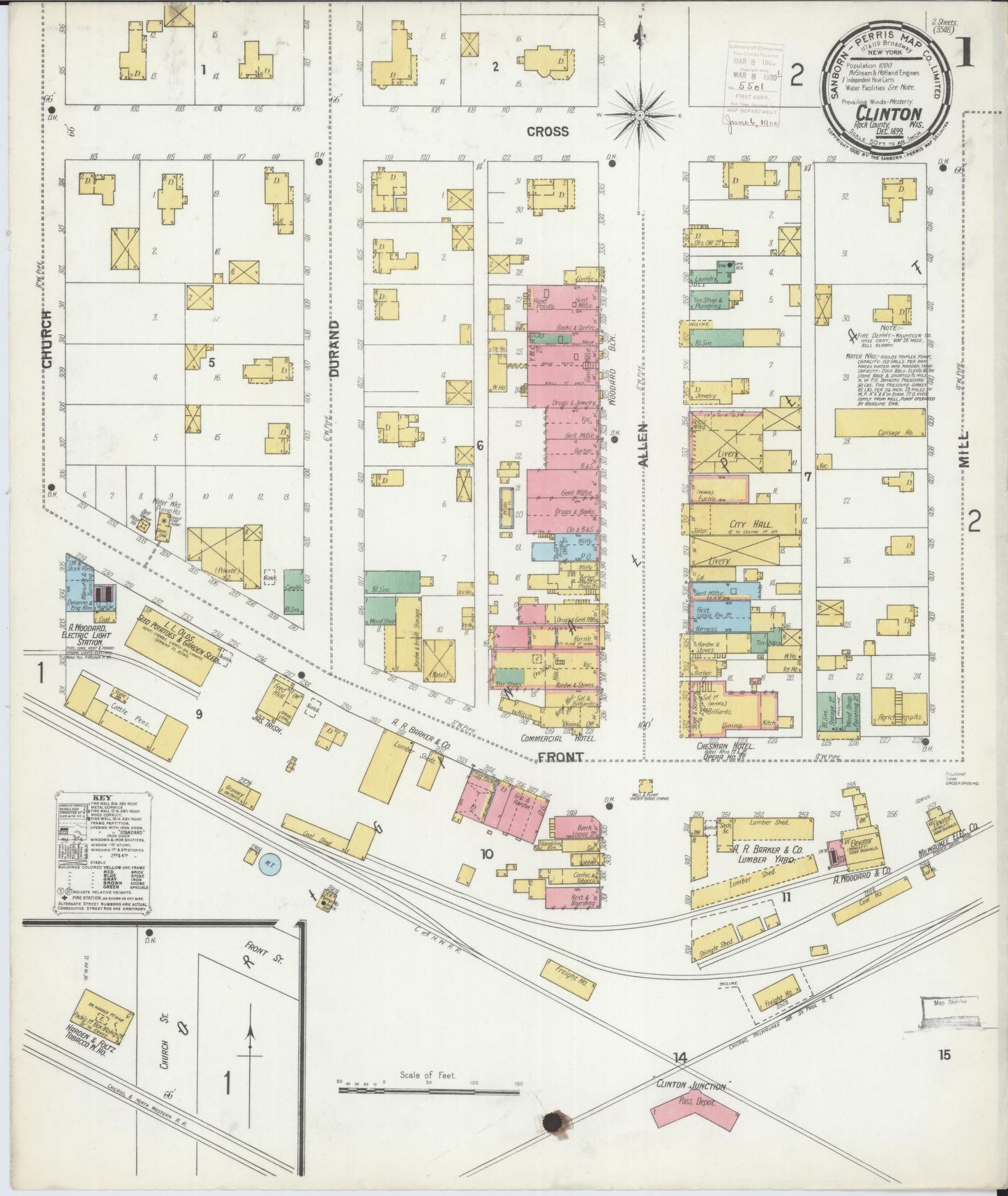 Sanborn Fire Insurance Map from Clinton, Rock County, Wisconsin (1899), Sheet #0001 - Historic Sanborn Fire Insurance Map Print, vintage old map wall art, antique decor, genealogy gift, Wisconsin Wisconsin map