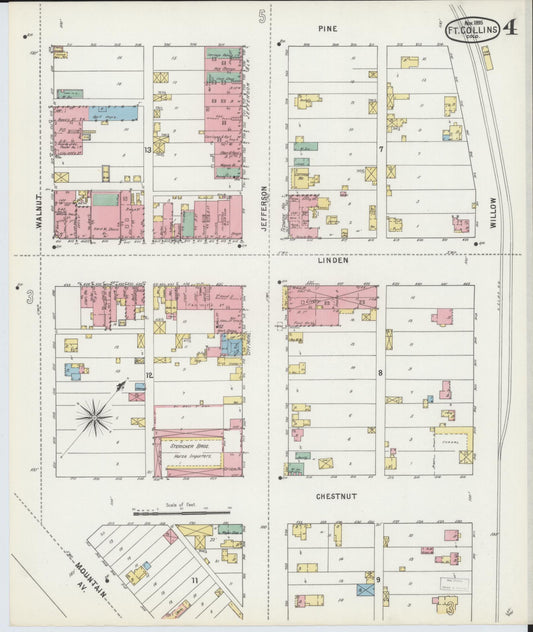 Sanborn Fire Insurance Map from Fort Collins, Larimer County, Colorado (1895), Sheet #0004 - Historic Sanborn Fire Insurance Map Print, vintage old map wall art, antique decor, genealogy gift, Colorado Colorado map