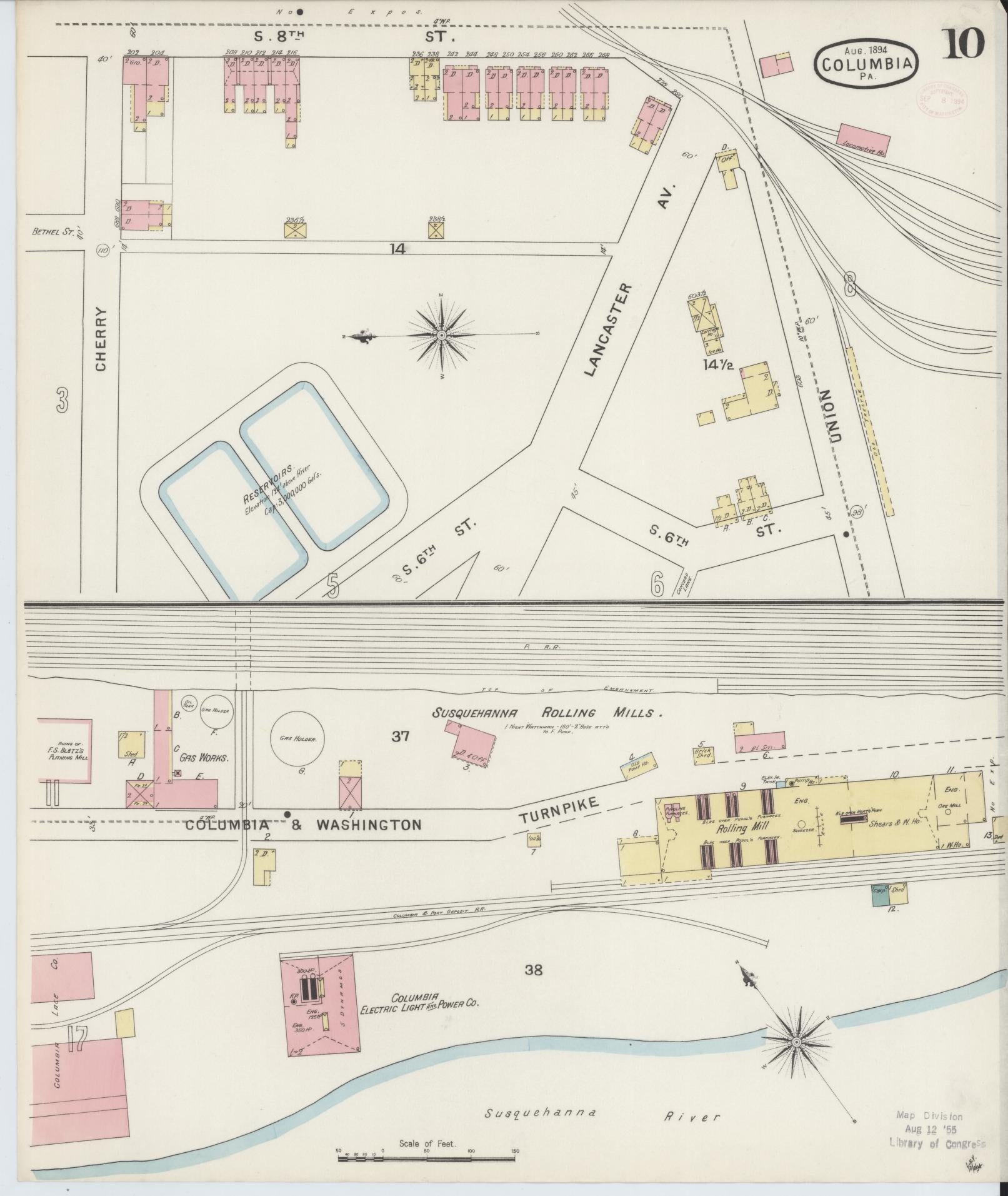 Sanborn Fire Insurance Map from Columbia, Lancaster County, Pennsylvania (1894), Sheet #0010 - Historic Sanborn Fire Insurance Map Print, vintage old map wall art, antique decor, genealogy gift, Pennsylvania Pennsylvania map