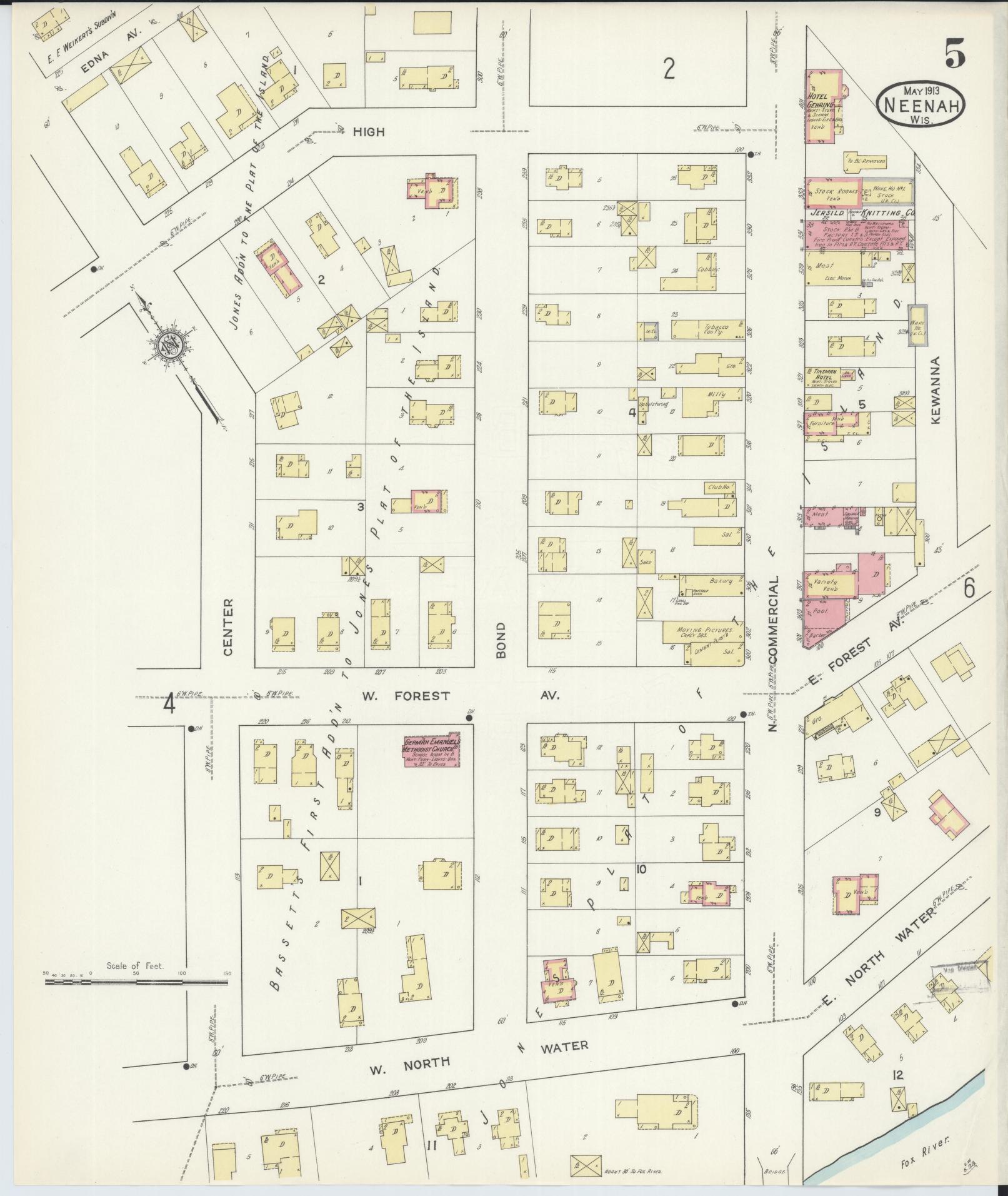 Sanborn Fire Insurance Map from Neenah, Winnebago County, Wisconsin (1913), Sheet #0005 - Complete Map Set gallery image, historic Sanborn map, vintage wall art, Wisconsin Wisconsin