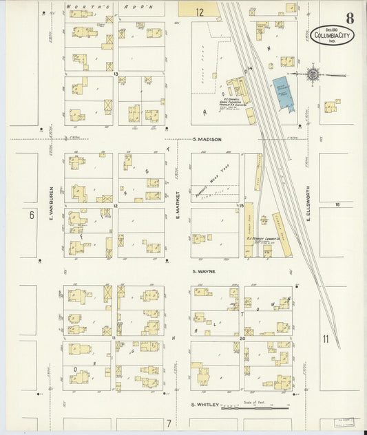 Sanborn Fire Insurance Map from Columbia City, Whitley County, Indiana (1910), Sheet #0008 - Historic Sanborn Fire Insurance Map Print, vintage old map wall art, antique decor, genealogy gift, Indiana Indiana map