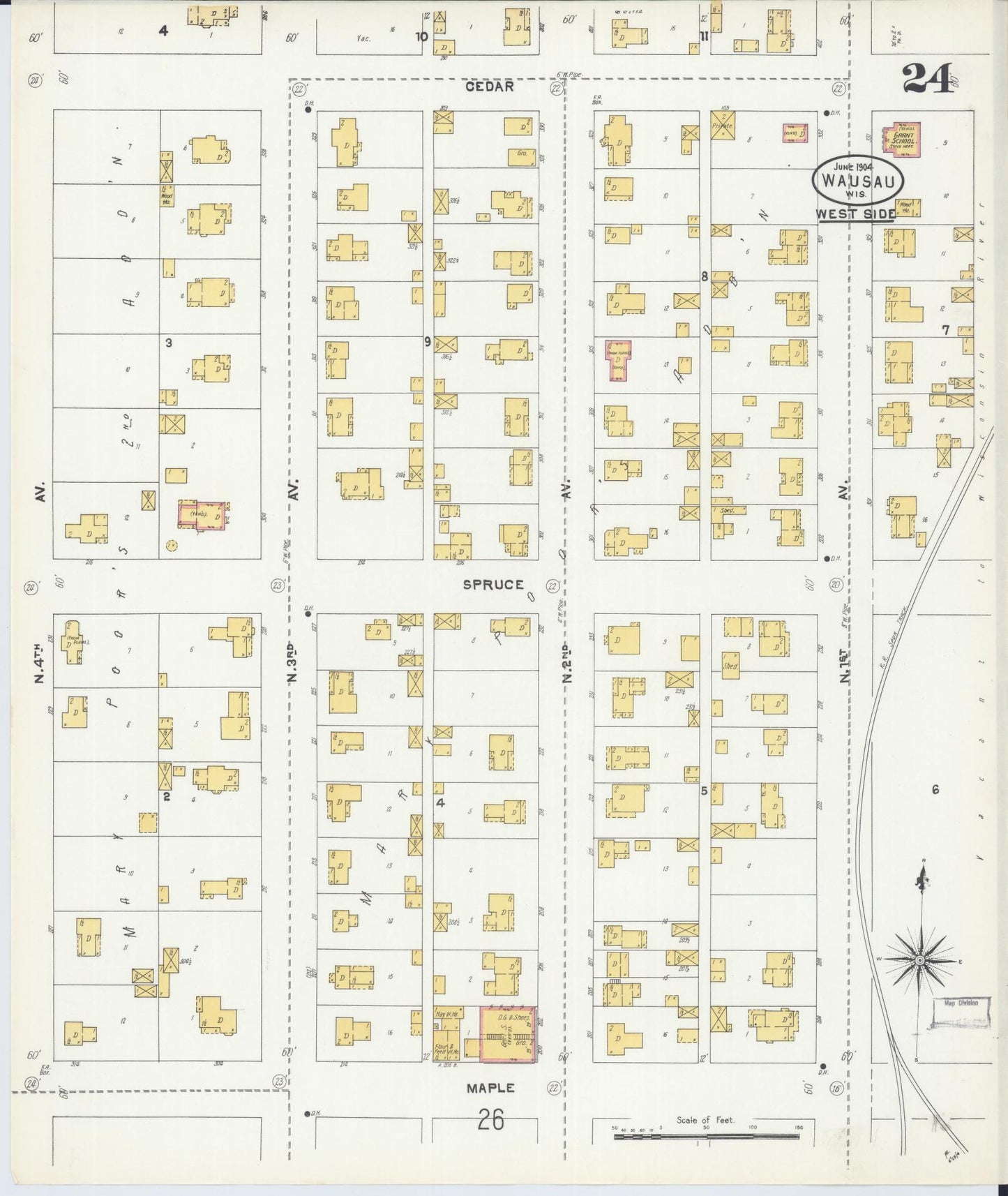 Sanborn Fire Insurance Map from Wausau, Marathon County, Wisconsin (1904), Sheet #0024 - Historic Sanborn Fire Insurance Map Print, vintage old map wall art, antique decor, genealogy gift, Wisconsin Wisconsin map