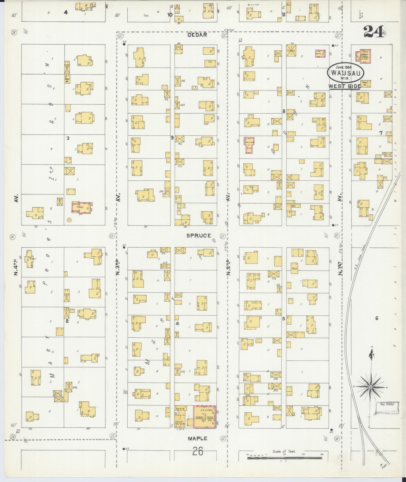 Sanborn Fire Insurance Map from Wausau, Marathon County, Wisconsin (1904), Sheet #0024 - Historic Sanborn Fire Insurance Map Print, vintage old map wall art, antique decor, genealogy gift, Wisconsin Wisconsin map