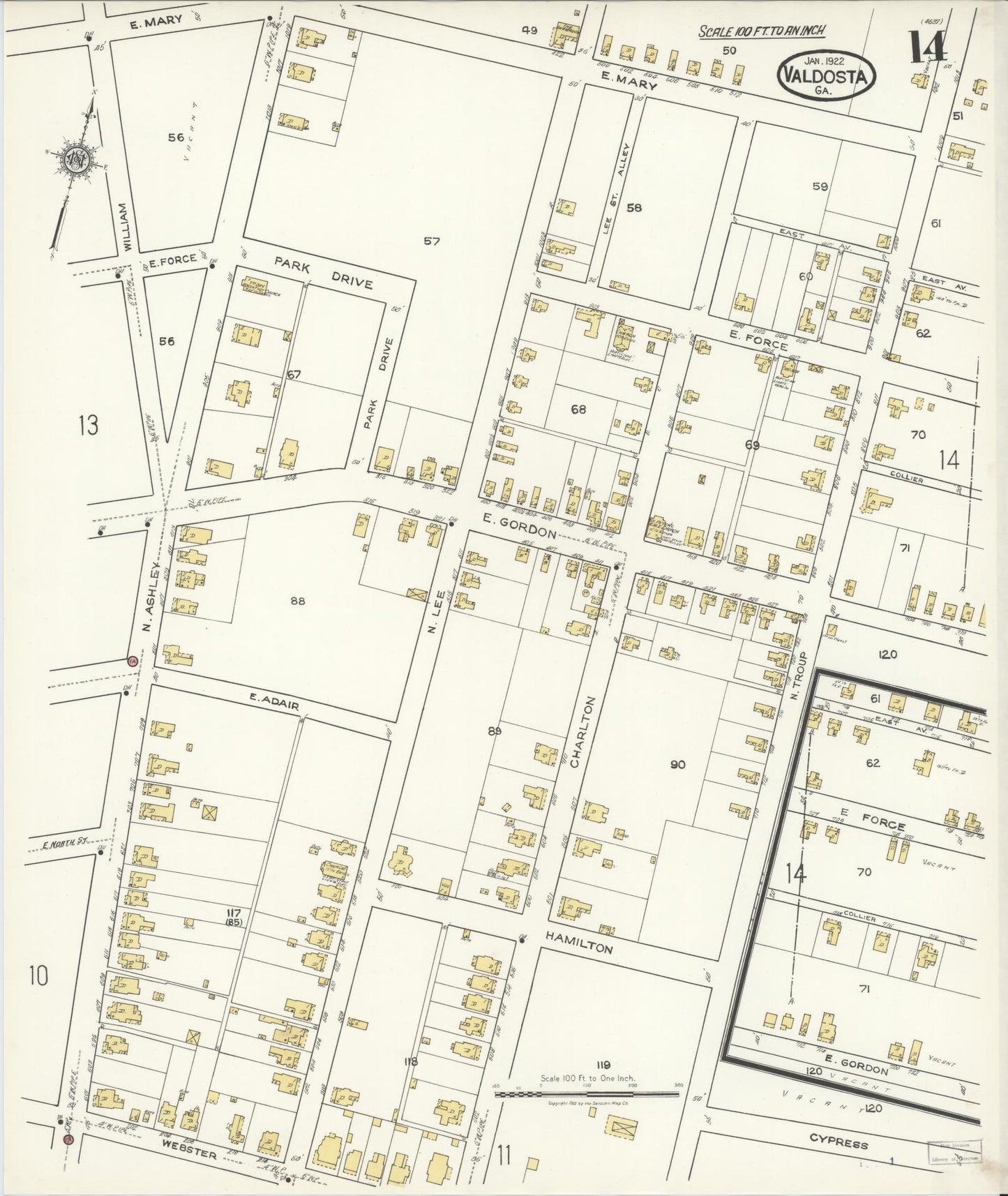 Sanborn Fire Insurance Map from Valdosta, Lowndes County, Georgia (1922), Sheet #0014 - Complete Map Set gallery image, historic Sanborn map, vintage wall art, Georgia Georgia