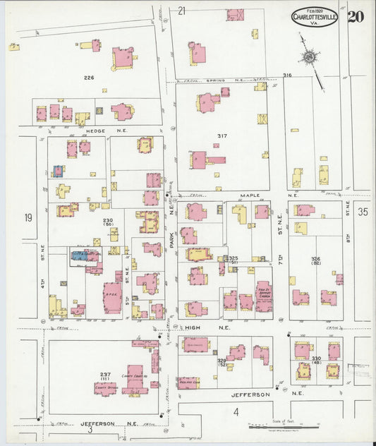 Sanborn Fire Insurance Map from Charlottesville, Independent Cities, Virginia (1920), Sheet #0020 - Historic Sanborn Fire Insurance Map Print, vintage old map wall art, antique decor, genealogy gift, Virginia Virginia map
