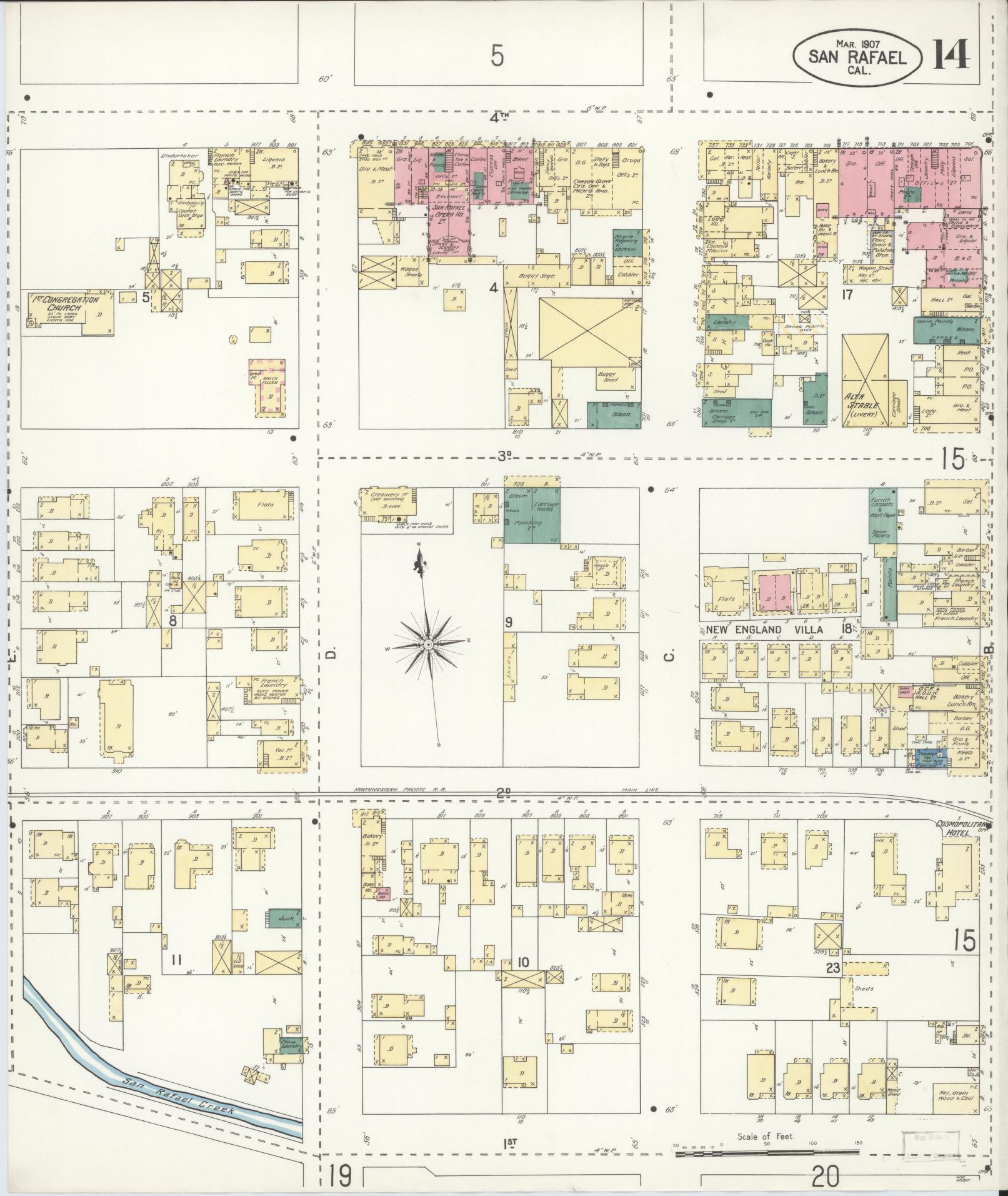 Sanborn Fire Insurance Map from San Rafael, Marin County, California (1907), Sheet #0014 - Complete Map Set gallery image, historic Sanborn map, vintage wall art, California California