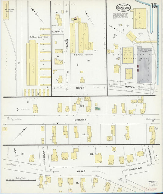 Sanborn Fire Insurance Map from Danvers, Essex County, Massachusetts (1909), Sheet #0015 - Historic Sanborn Fire Insurance Map Print, vintage old map wall art, antique decor, genealogy gift, Massachusetts Massachusetts map