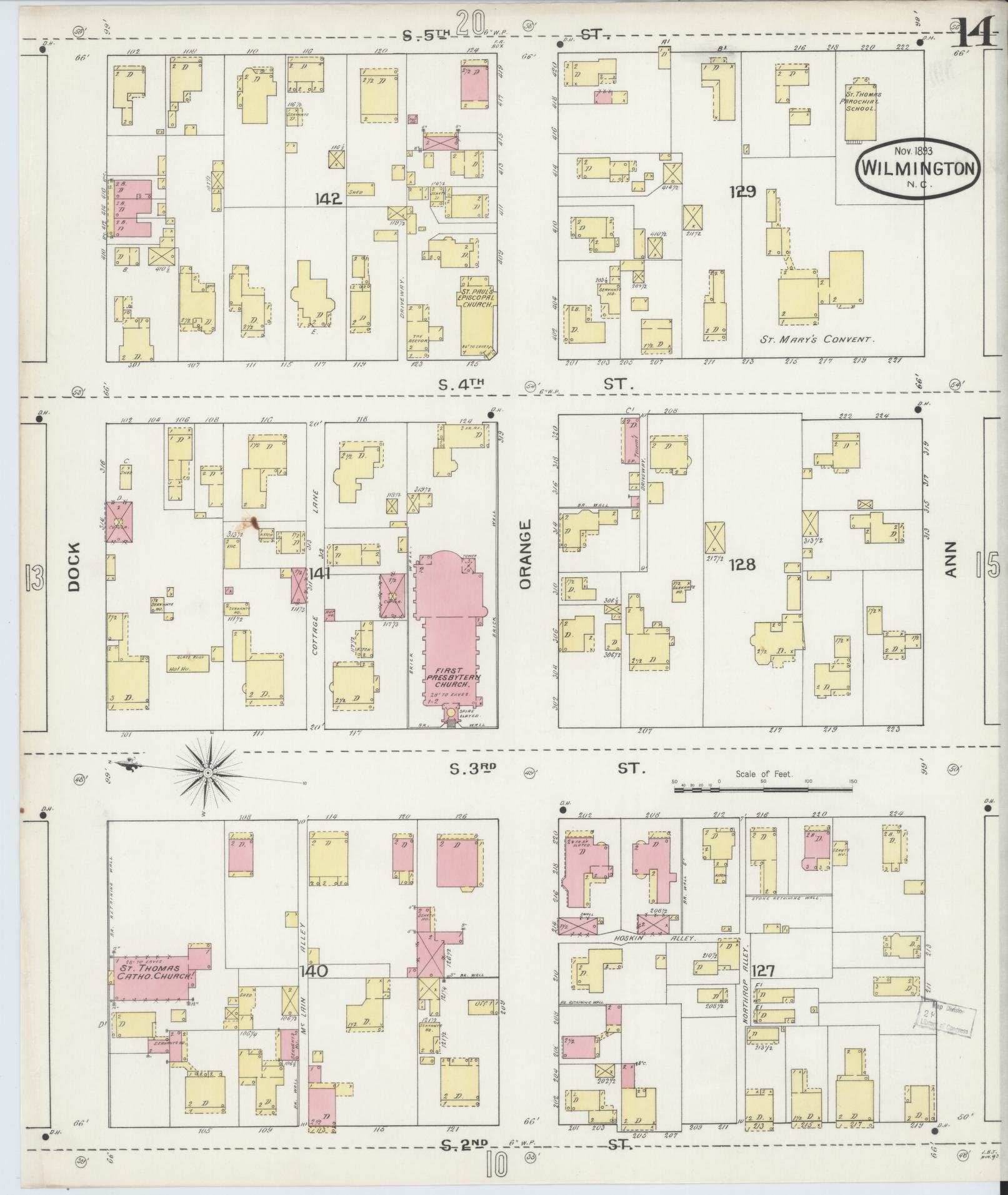 Sanborn Fire Insurance Map from Wilmington, New Hanover County, North Carolina (1893), Sheet #0014 - Historic Sanborn Fire Insurance Map Print, vintage old map wall art, antique decor, genealogy gift, North Carolina North Carolina map