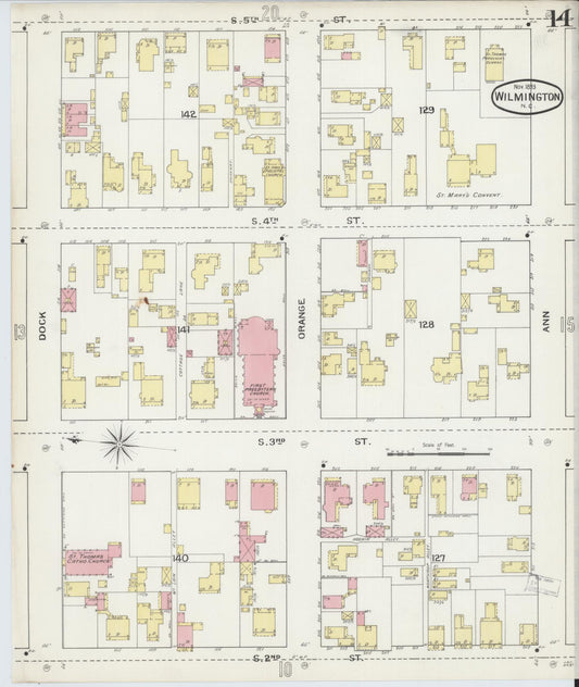 Sanborn Fire Insurance Map from Wilmington, New Hanover County, North Carolina (1893), Sheet #0014 - Historic Sanborn Fire Insurance Map Print, vintage old map wall art, antique decor, genealogy gift, North Carolina North Carolina map