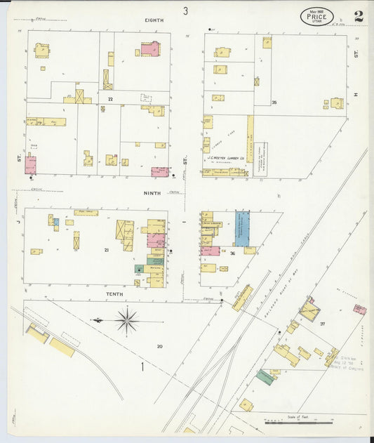 Sanborn Fire Insurance Map from Price, Carbon County, Utah (1908), Sheet #0002 - Historic Sanborn Fire Insurance Map Print, vintage old map wall art, antique decor, genealogy gift, Utah Utah map