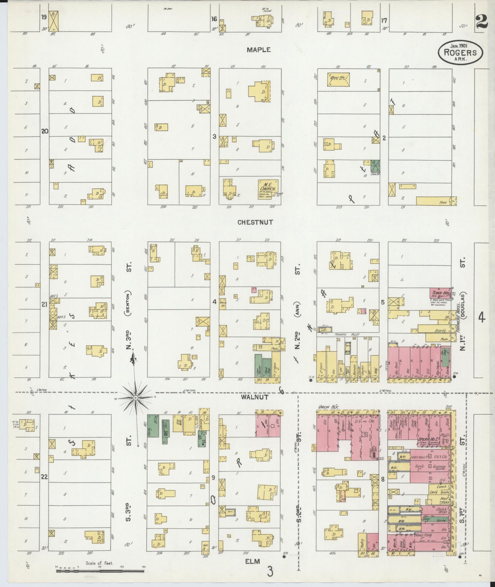 Sanborn Fire Insurance Map from Rogers, Benton County, Arkansas (1901), Sheet #0002 - Historic Sanborn Fire Insurance Map Print, vintage old map wall art, antique decor, genealogy gift, Arkansas Arkansas map