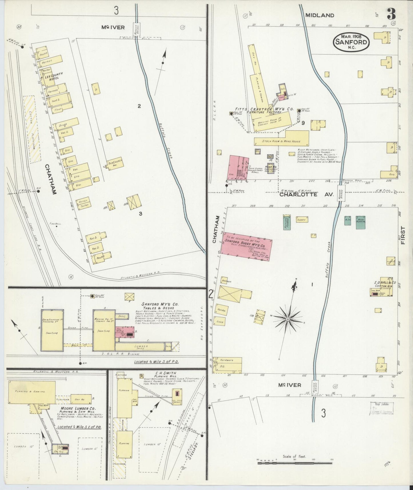 Sanborn Fire Insurance Map from Sanford, Lee County, North Carolina (1908), Sheet #0003 - Historic Sanborn Fire Insurance Map Print, vintage old map wall art, antique decor, genealogy gift, North Carolina North Carolina map