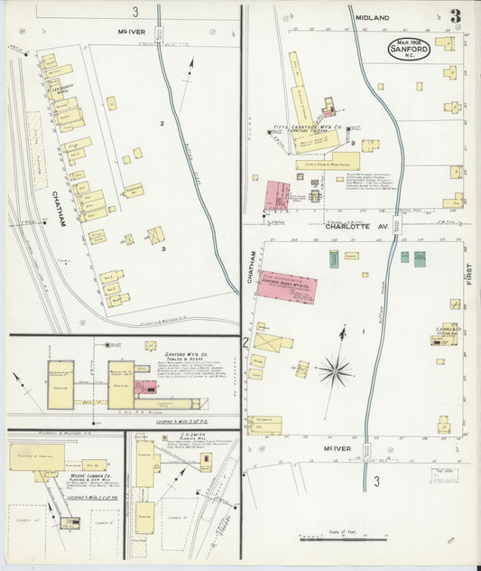 Sanborn Fire Insurance Map from Sanford, Lee County, North Carolina (1908), Sheet #0003 - Historic Sanborn Fire Insurance Map Print, vintage old map wall art, antique decor, genealogy gift, North Carolina North Carolina map
