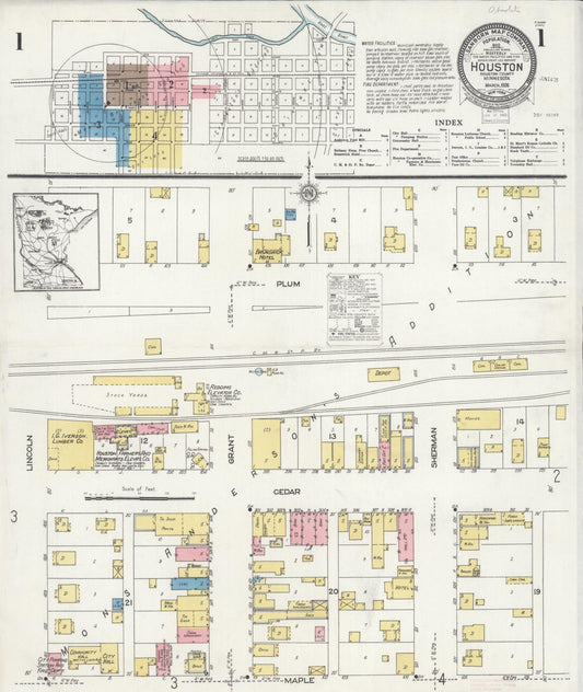 Sanborn Fire Insurance Map from Houston, Houston County, Minnesota (1926), Sheet #0001 - Historic Sanborn Fire Insurance Map Print, vintage old map wall art, antique decor, genealogy gift, Minnesota Minnesota map