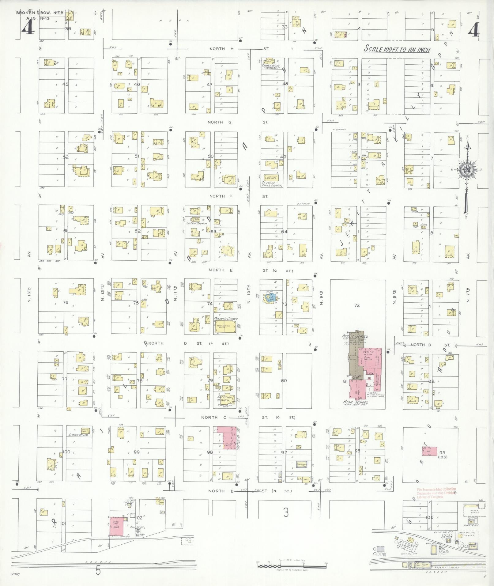 Sanborn Fire Insurance Map from Broken Bow, Custer County, Nebraska (1943), Sheet #0004 - Historic Sanborn Fire Insurance Map Print, vintage old map wall art, antique decor, genealogy gift, Nebraska Nebraska map