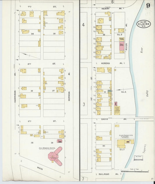 Sanborn Fire Insurance Map from Elkins, Randolph County, West Virginia (1905), Sheet #0009 - Historic Sanborn Fire Insurance Map Print, vintage old map wall art, antique decor, genealogy gift, West Virginia West Virginia map