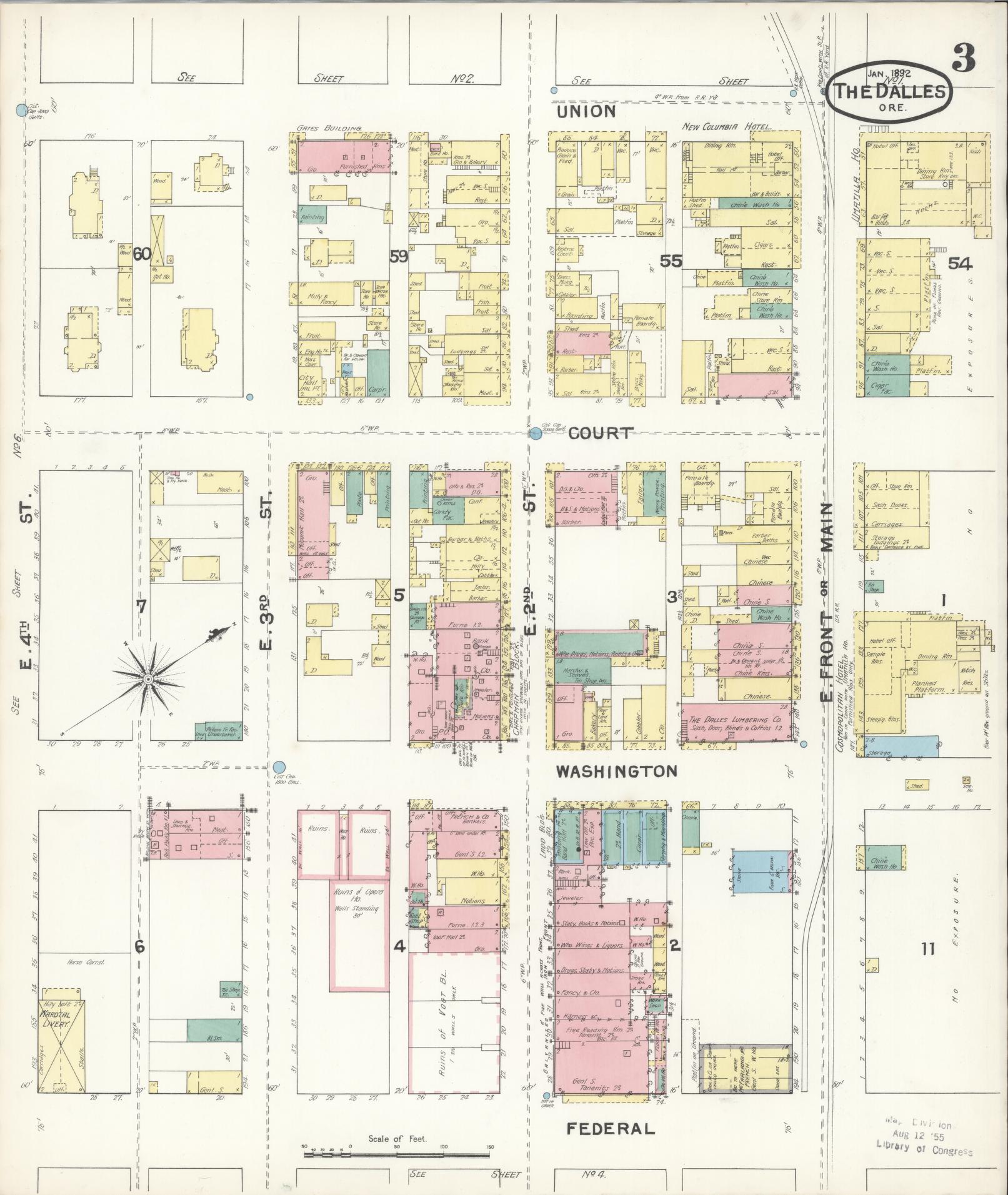 Sanborn Fire Insurance Map from The Dalles, Wasco County, Oregon (1892), Sheet #0003 - Complete Map Set gallery image, historic Sanborn map, vintage wall art, Oregon Oregon