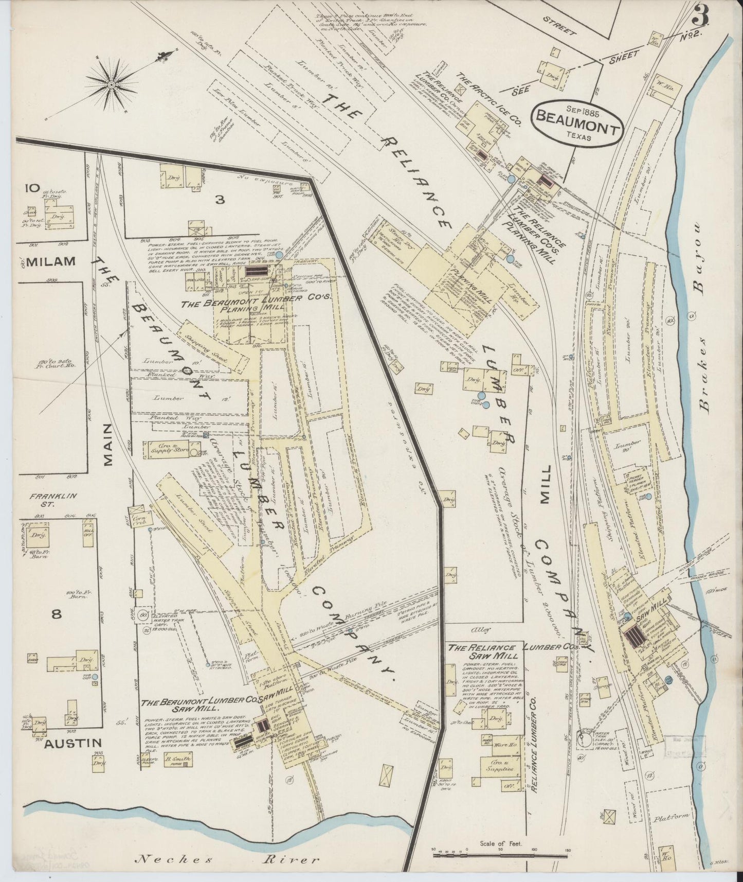 Sanborn Fire Insurance Map from Beaumont, Jefferson County, Texas (1885), Sheet #0003 - Historic Sanborn Fire Insurance Map Print, vintage old map wall art, antique decor, genealogy gift, Texas Texas map