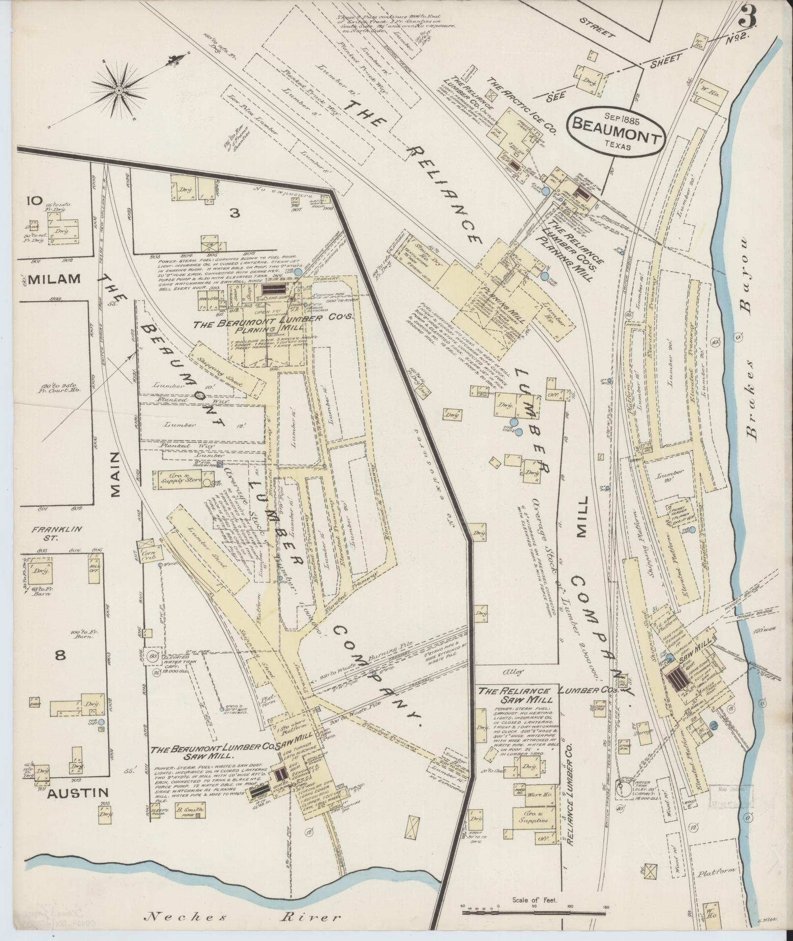 Sanborn Fire Insurance Map from Beaumont, Jefferson County, Texas (1885), Sheet #0003 - Historic Sanborn Fire Insurance Map Print, vintage old map wall art, antique decor, genealogy gift, Texas Texas map