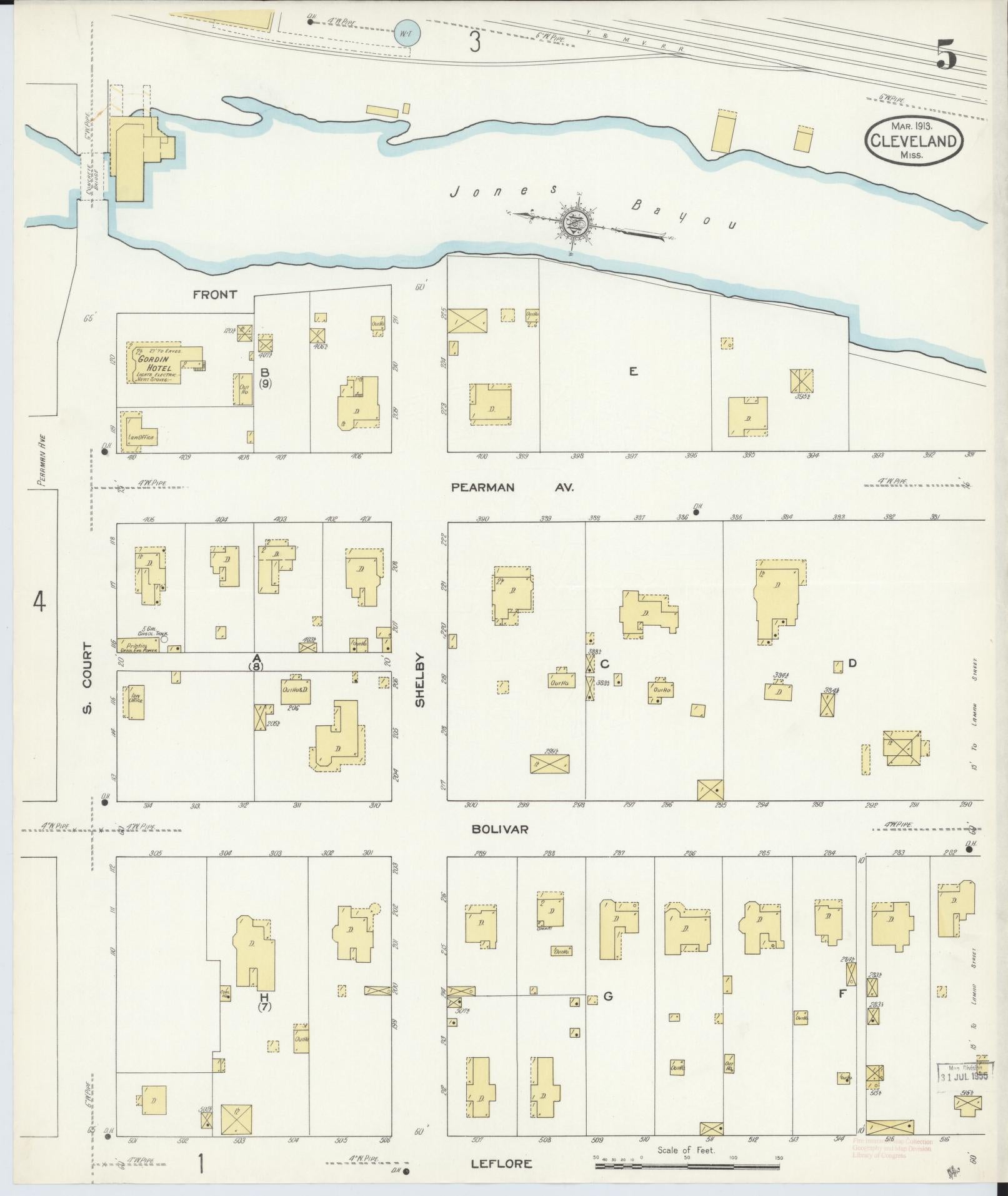 Sanborn Fire Insurance Map from Cleveland, Bolivar County, Mississippi (1913), Sheet #0005 - Historic Sanborn Fire Insurance Map Print, vintage old map wall art, antique decor, genealogy gift, Mississippi Mississippi map