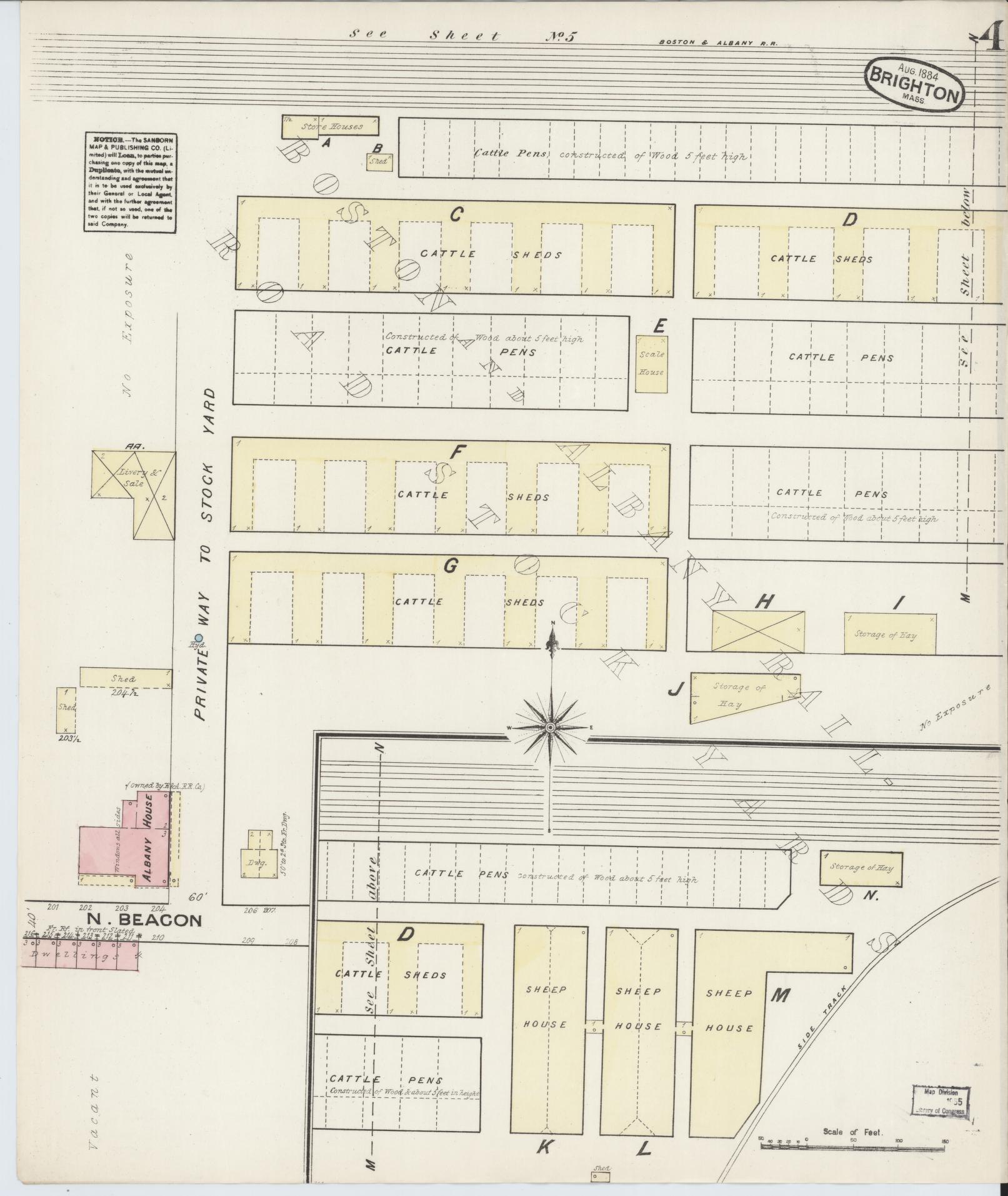 Sanborn Fire Insurance Map from Brighton, Suffolk County, Massachusetts (1884), Sheet #0004 - Historic Sanborn Fire Insurance Map Print, vintage old map wall art, antique decor, genealogy gift, Massachusetts Massachusetts map