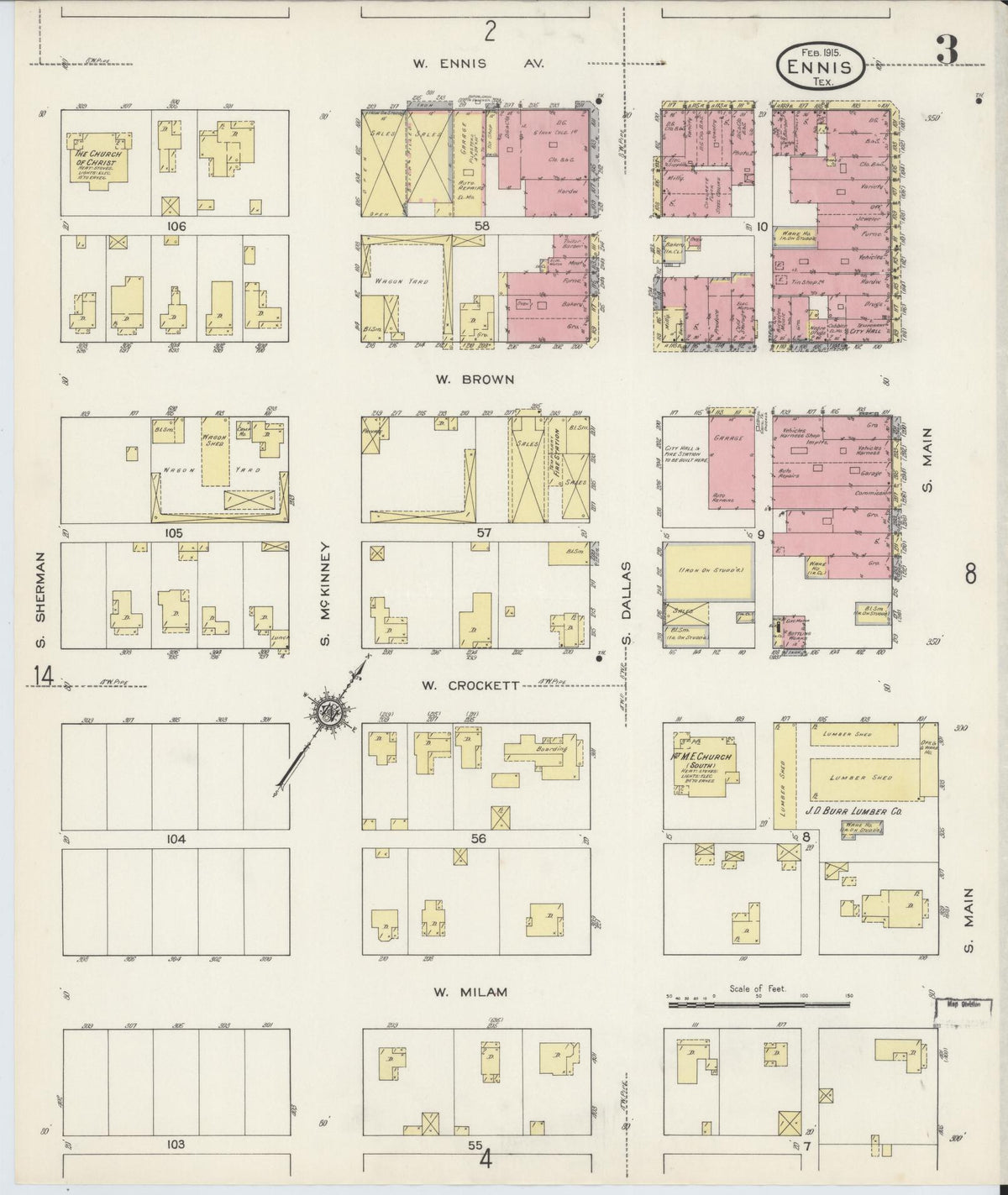 Sanborn Fire Insurance Map from Ennis, Ellis County, Texas (1915), Sheet #0003 - Complete Map Set gallery image, historic Sanborn map, vintage wall art, Texas Texas