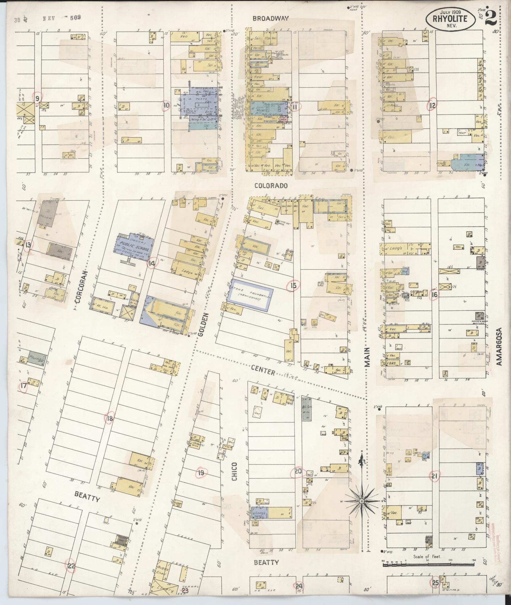 Sanborn Fire Insurance Map from Rhyolite, Nye County, Nevada (1912), Sheet #0002 - Complete Map Set gallery image, historic Sanborn map, vintage wall art, Nevada Nevada