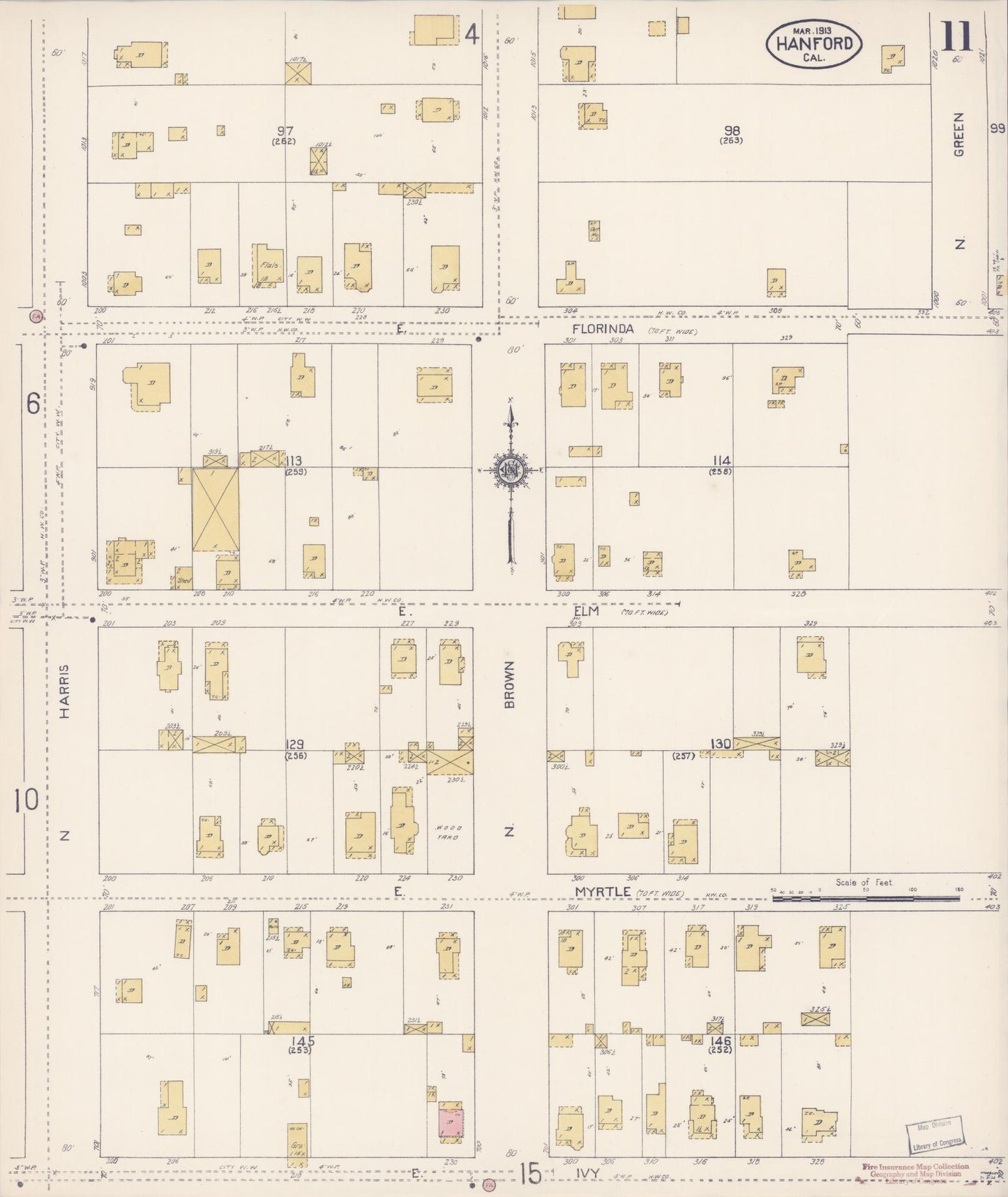 Sanborn Fire Insurance Map from Hanford, Kings County, California (1913), Sheet #0011 - Historic Sanborn Fire Insurance Map Print, vintage old map wall art, antique decor, genealogy gift, California California map