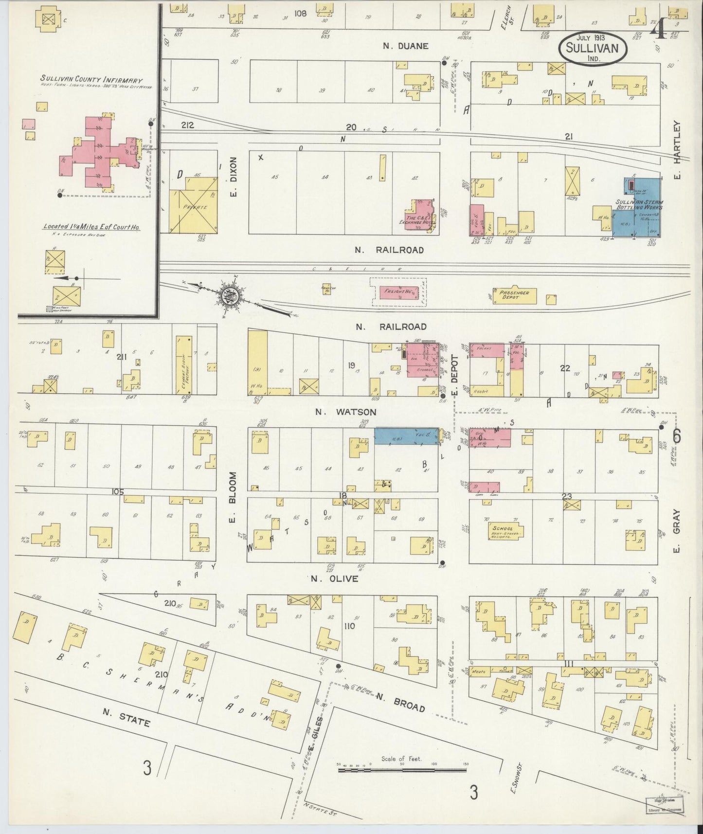 Sanborn Fire Insurance Map from Sullivan, Sullivan County, Indiana (1913), Sheet #0004 - Historic Sanborn Fire Insurance Map Print, vintage old map wall art, antique decor, genealogy gift, Indiana Indiana map
