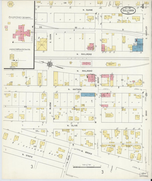 Sanborn Fire Insurance Map from Sullivan, Sullivan County, Indiana (1913), Sheet #0004 - Historic Sanborn Fire Insurance Map Print, vintage old map wall art, antique decor, genealogy gift, Indiana Indiana map