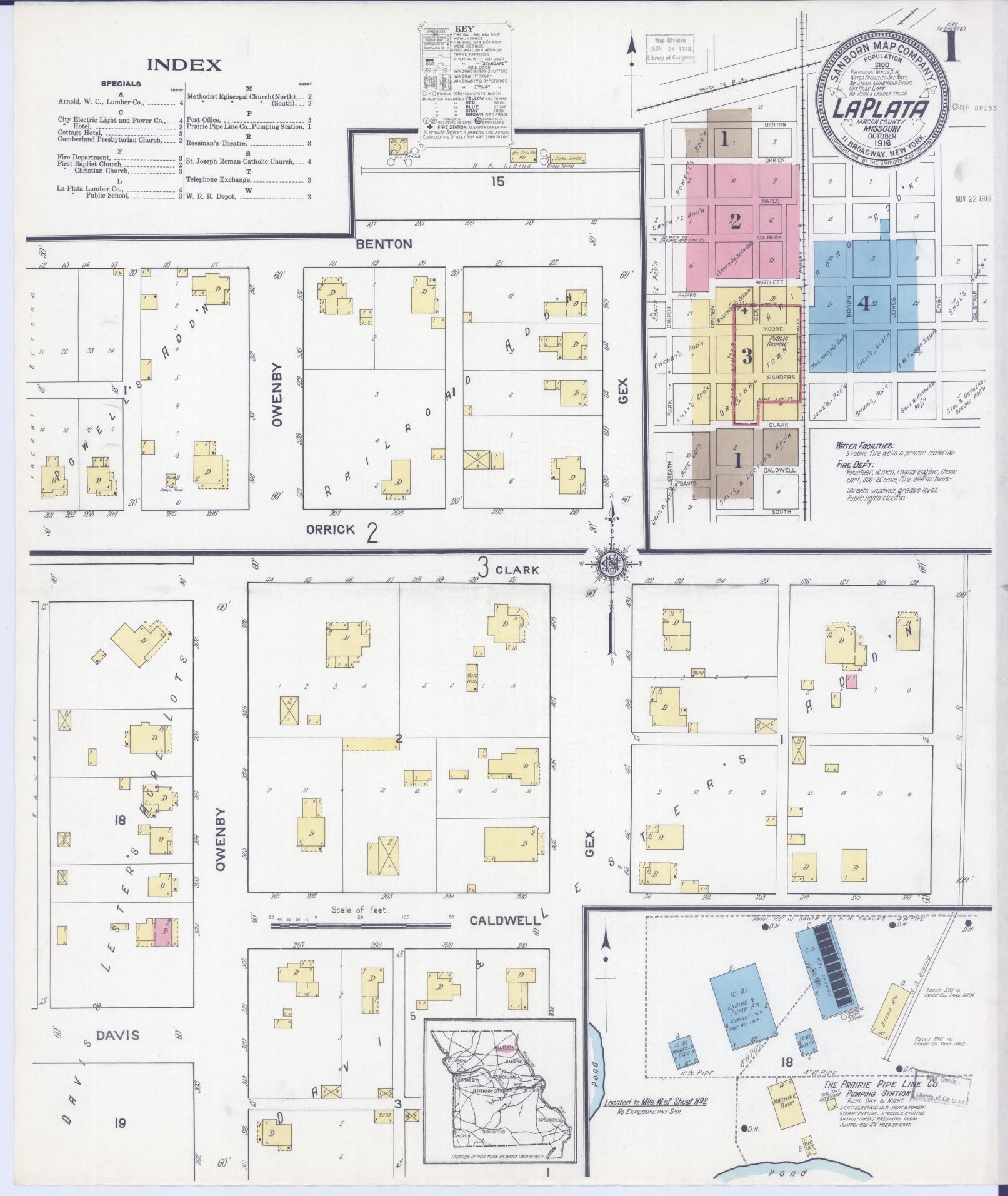 Sanborn Fire Insurance Map from La Plata, Macon County, Missouri (1916), Sheet #0001 - Complete Map Set gallery image, historic Sanborn map, vintage wall art, Missouri Missouri