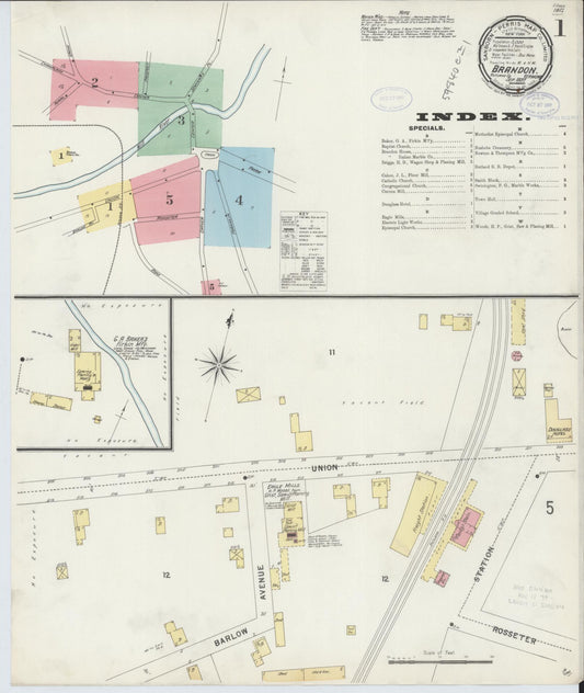 Sanborn Fire Insurance Map from Brandon, Rutland County, Vermont (1897), Sheet #0001 - Complete Map Set gallery image, historic Sanborn map, vintage wall art, Vermont Vermont