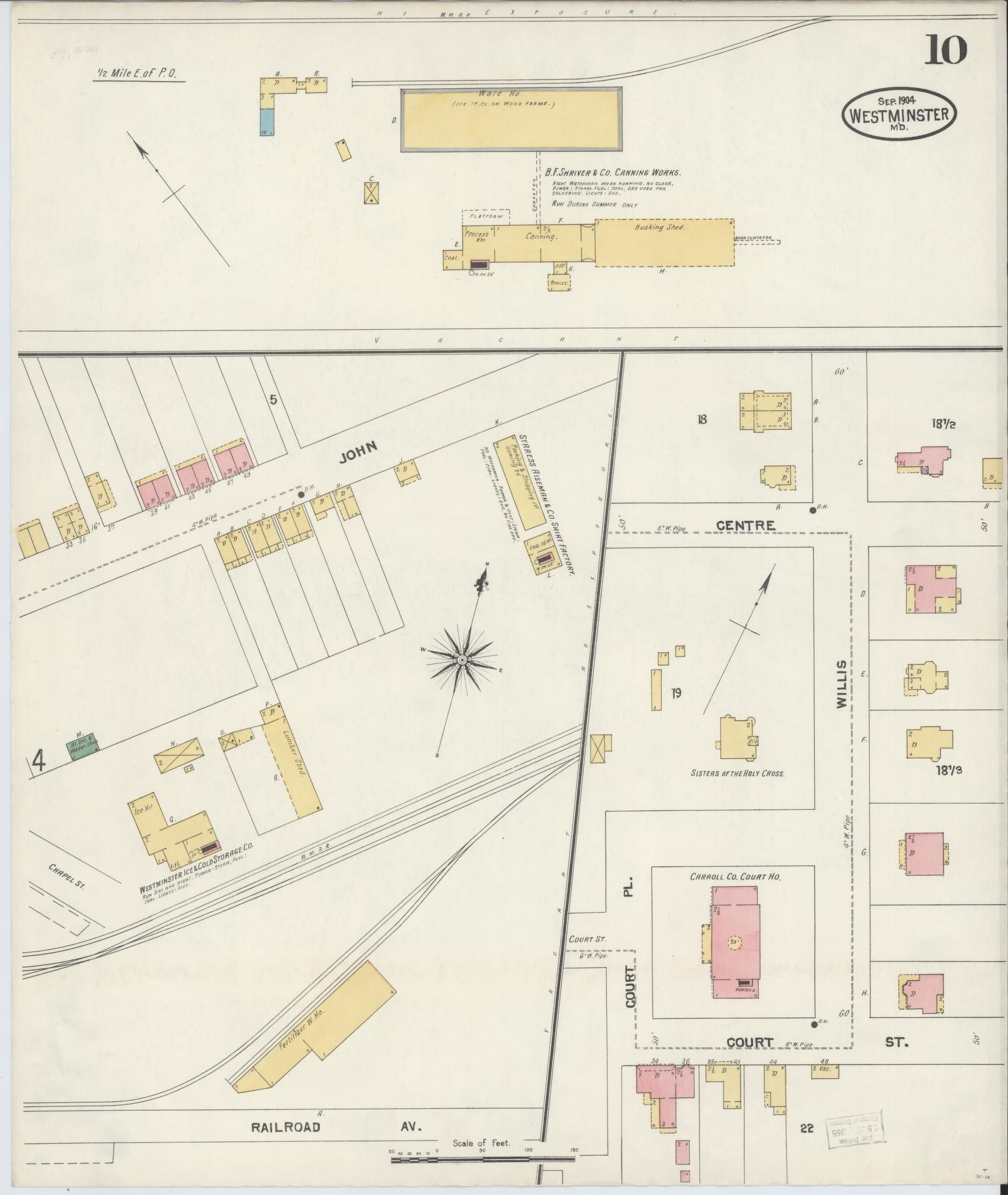 Sanborn Fire Insurance Map from Westminster, Carroll County, Maryland (1904), Sheet #0010 - Historic Sanborn Fire Insurance Map Print, vintage old map wall art, antique decor, genealogy gift, Maryland Maryland map