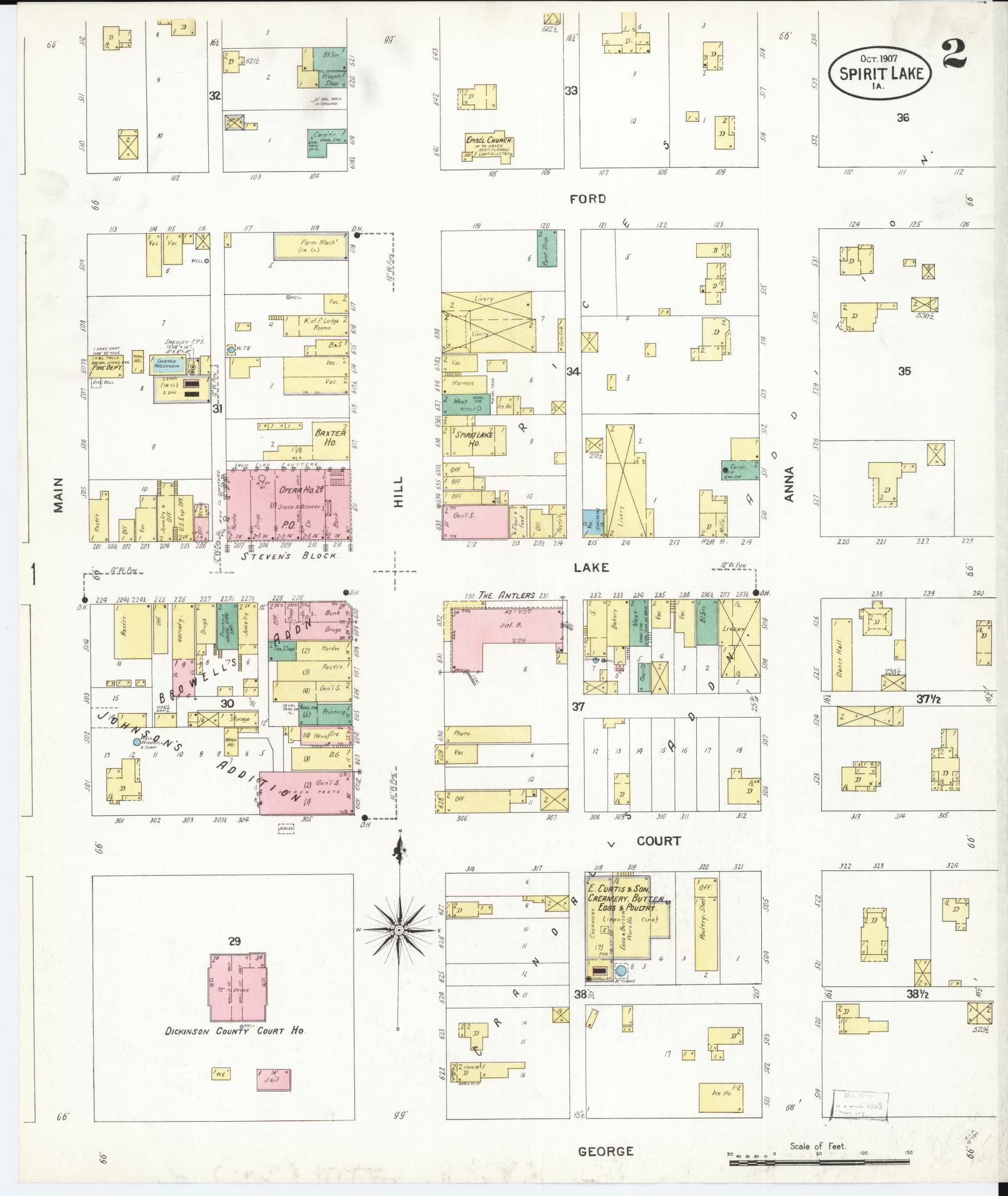 Sanborn Fire Insurance Map from Spirit Lake, Dickinson County, Iowa (1907), Sheet #0002 - Historic Sanborn Fire Insurance Map Print, vintage old map wall art
