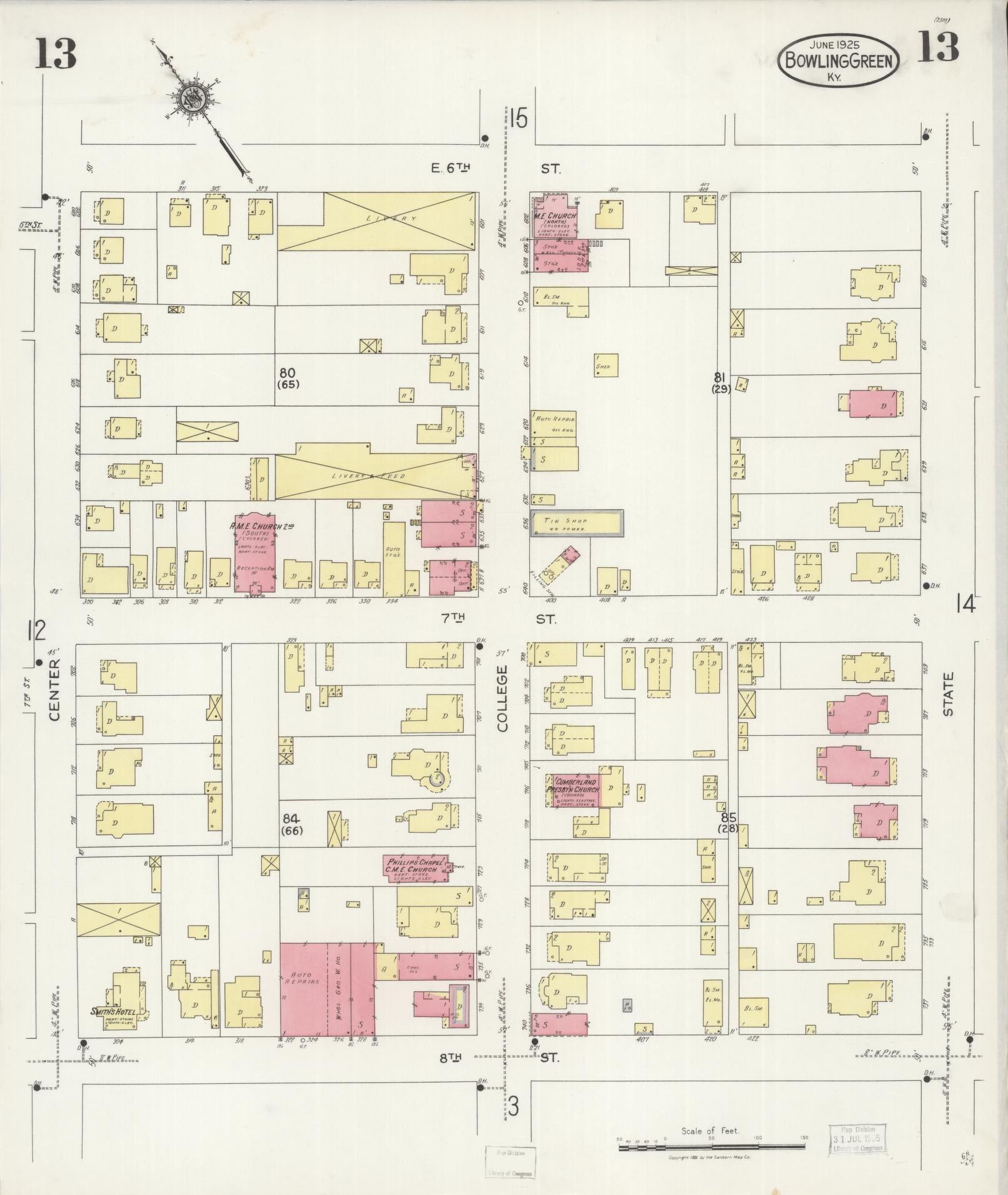 Sanborn Fire Insurance Map from Bowling Green, Warren County, Kentucky (1925), Sheet #0013 - Complete Map Set gallery image, historic Sanborn map, vintage wall art, Kentucky Kentucky