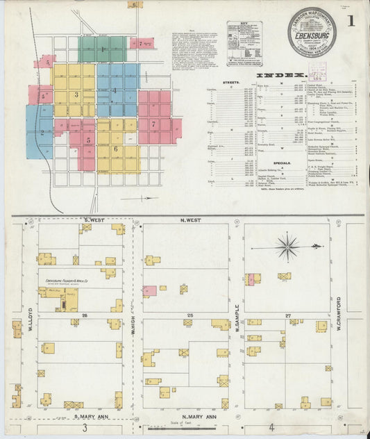 Sanborn Fire Insurance Map from Ebensburg, Cambria County, Pennsylvania (1904), Sheet #0001 - Historic Sanborn Fire Insurance Map Print, vintage old map wall art, antique decor, genealogy gift, Pennsylvania Pennsylvania map