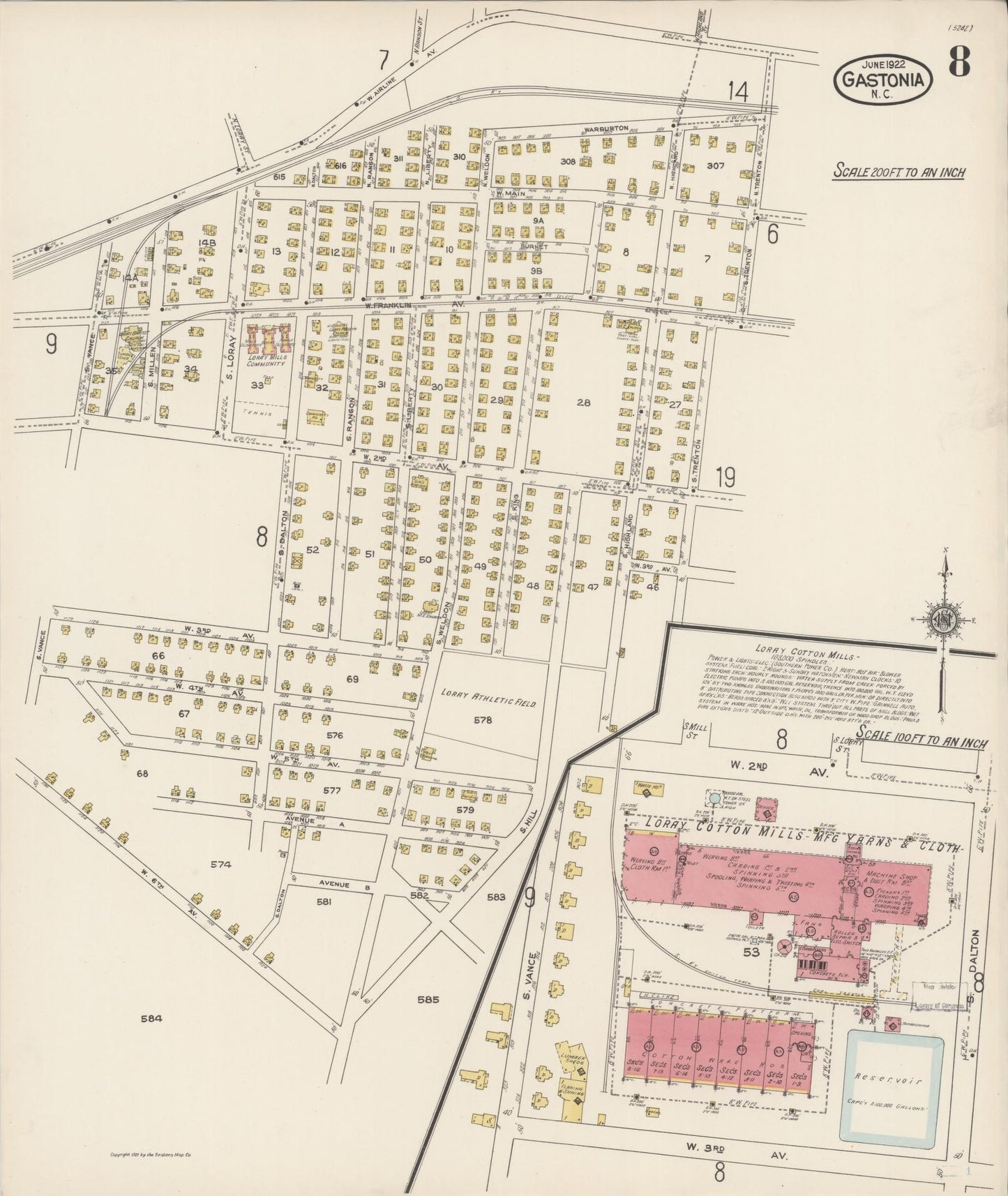 Sanborn Fire Insurance Map from Gastonia, Gaston County, North Carolina (1922), Sheet #0008 - Complete Map Set gallery image, historic Sanborn map, vintage wall art, North Carolina North Carolina