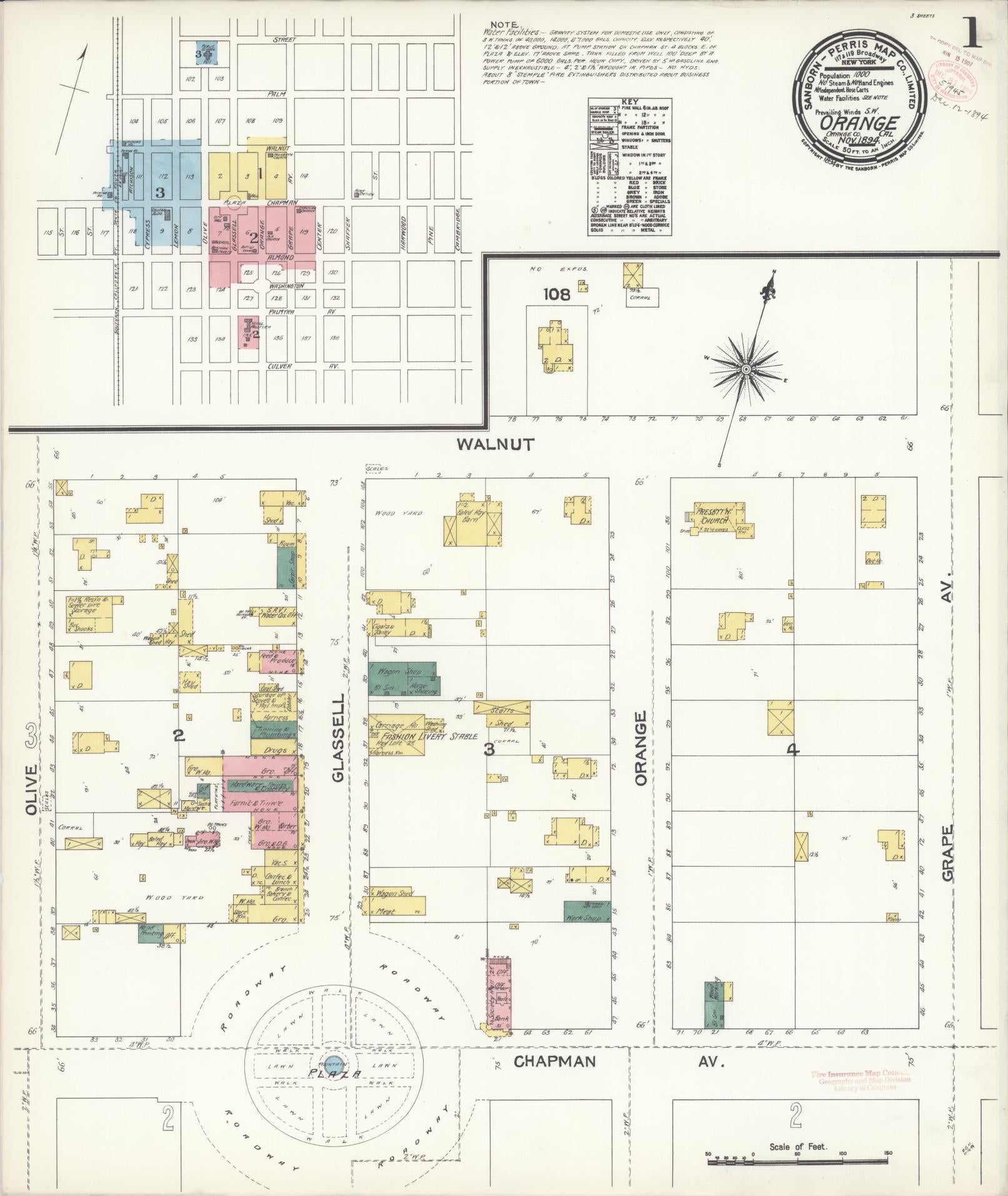 Sanborn Fire Insurance Map from Orange, Orange County, California (1894), Sheet #0001 - Complete Map Set gallery image, historic Sanborn map, vintage wall art, California California