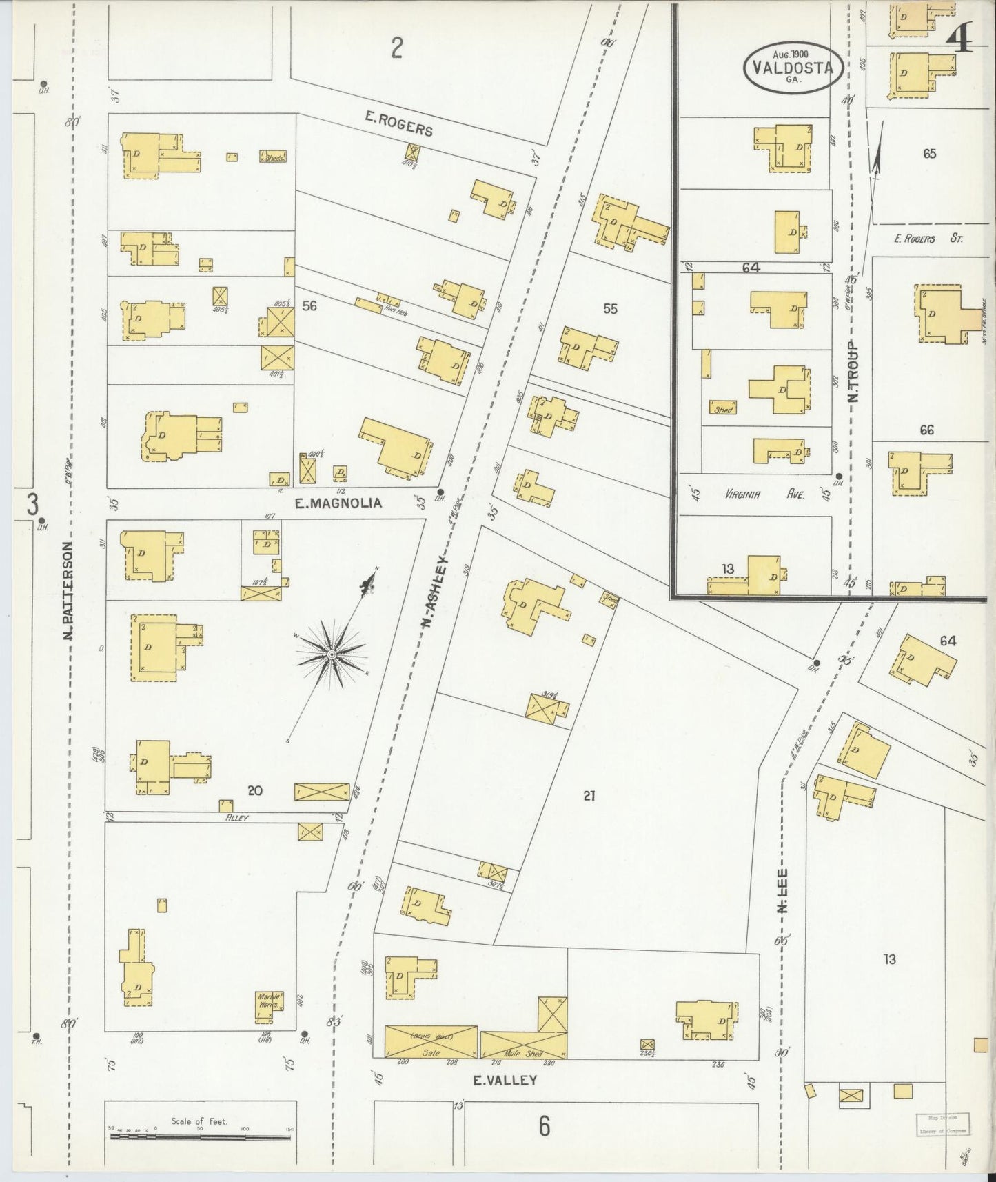 Sanborn Fire Insurance Map from Valdosta, Lowndes County, Georgia (1900), Sheet #0004 - Complete Map Set gallery image, historic Sanborn map, vintage wall art, Georgia Georgia