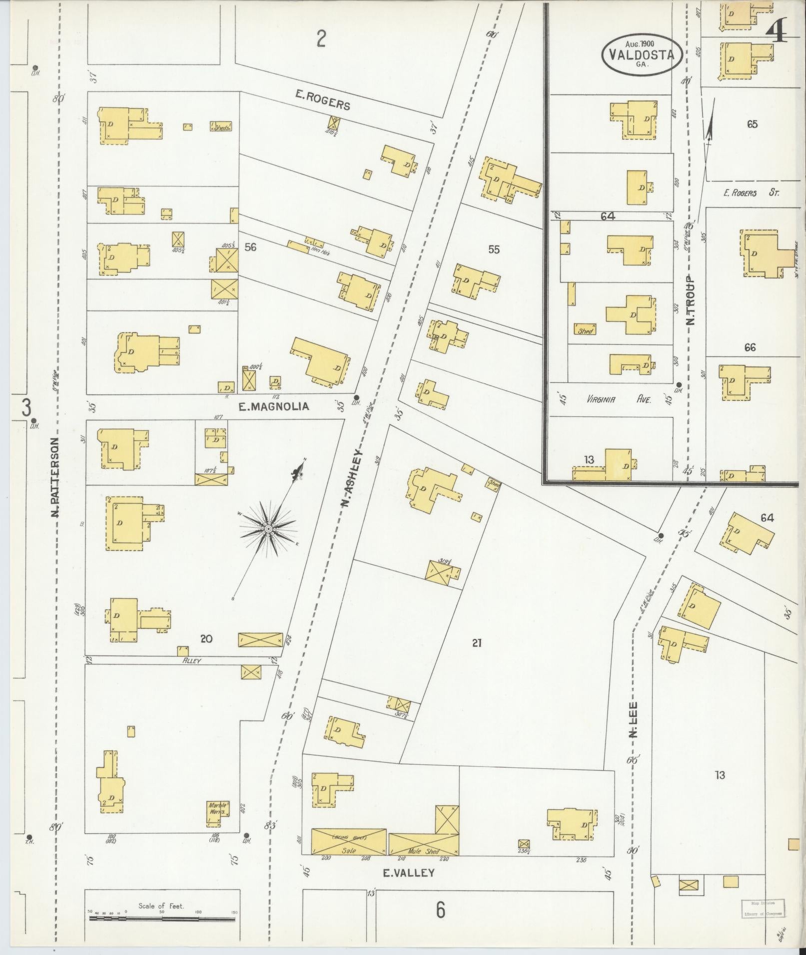 Sanborn Fire Insurance Map from Valdosta, Lowndes County, Georgia (1900), Sheet #0004 - Complete Map Set gallery image, historic Sanborn map, vintage wall art, Georgia Georgia
