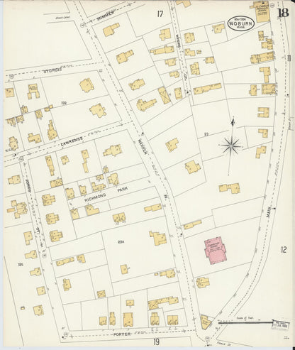 Sanborn Fire Insurance Map from Woburn, Middlesex County, Massachusetts (1904), Sheet #0018 - Historic Sanborn Fire Insurance Map Print, vintage old map wall art, antique decor, genealogy gift, Massachusetts Massachusetts map