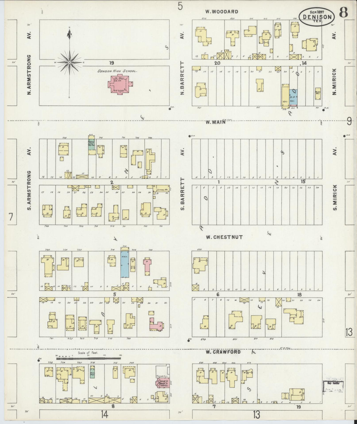 Sanborn Fire Insurance Map from Denison, Grayson County, Texas (1897), Sheet #0008 - Complete Map Set gallery image, historic Sanborn map, vintage wall art, Texas Texas