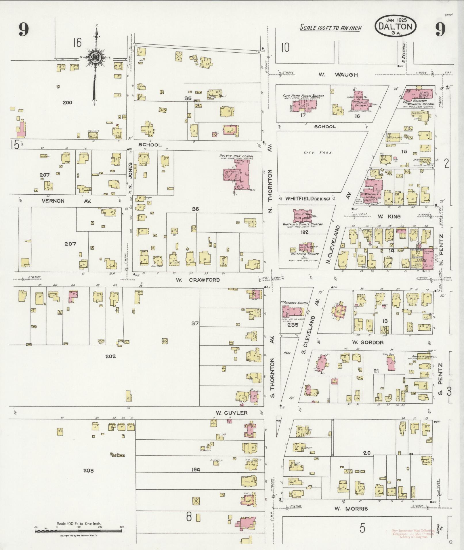 Sanborn Fire Insurance Map from Dalton, Whitfield County, Georgia (1925), Sheet #0009 - Complete Map Set gallery image, historic Sanborn map, vintage wall art, Georgia Georgia